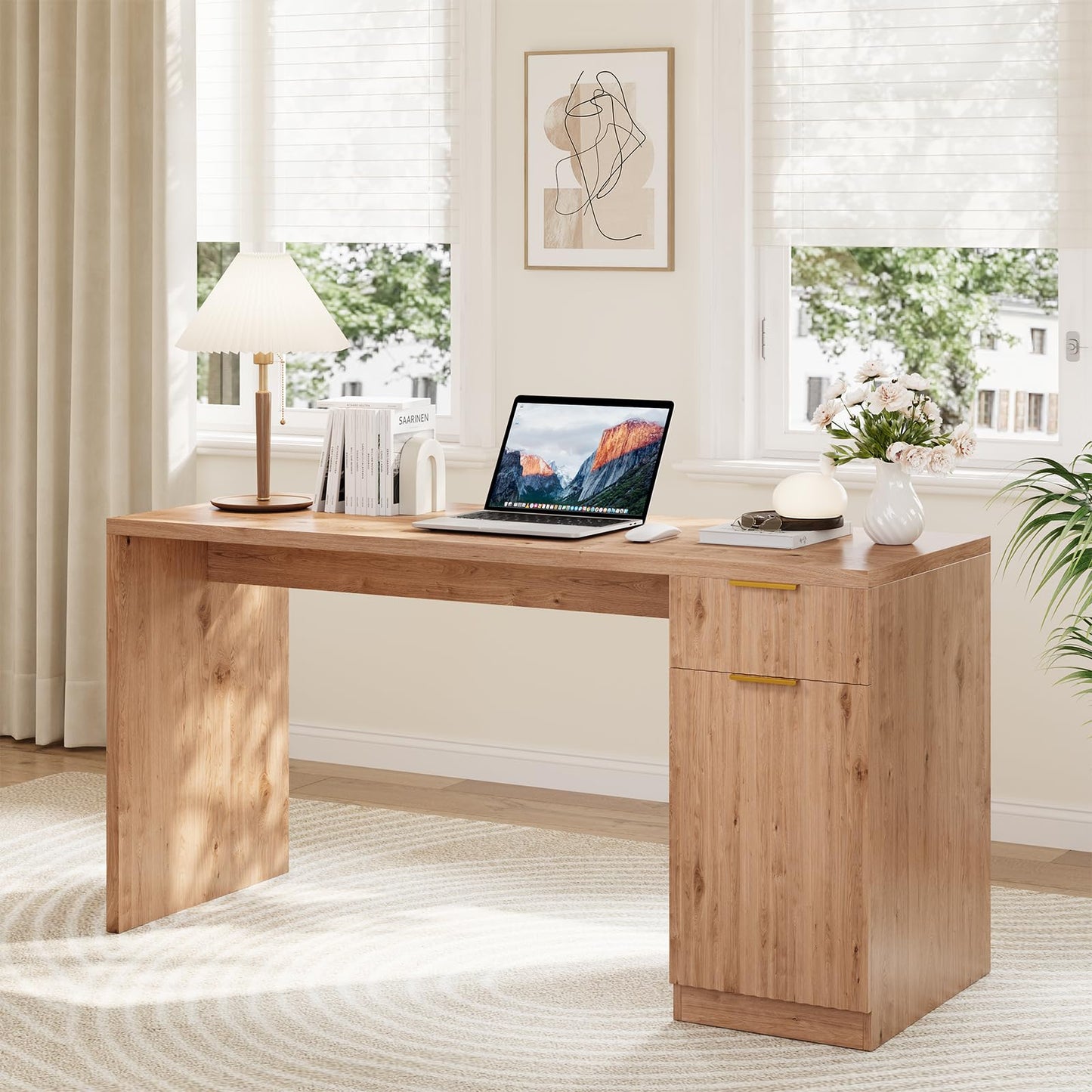 Garvee Executive Desk with Drawer and Power Outlet, 61" Large Farmhouse Computer Desk Home Office Wood Executive Desk with Adjustable Shelf for Work Study Writing, Oak
