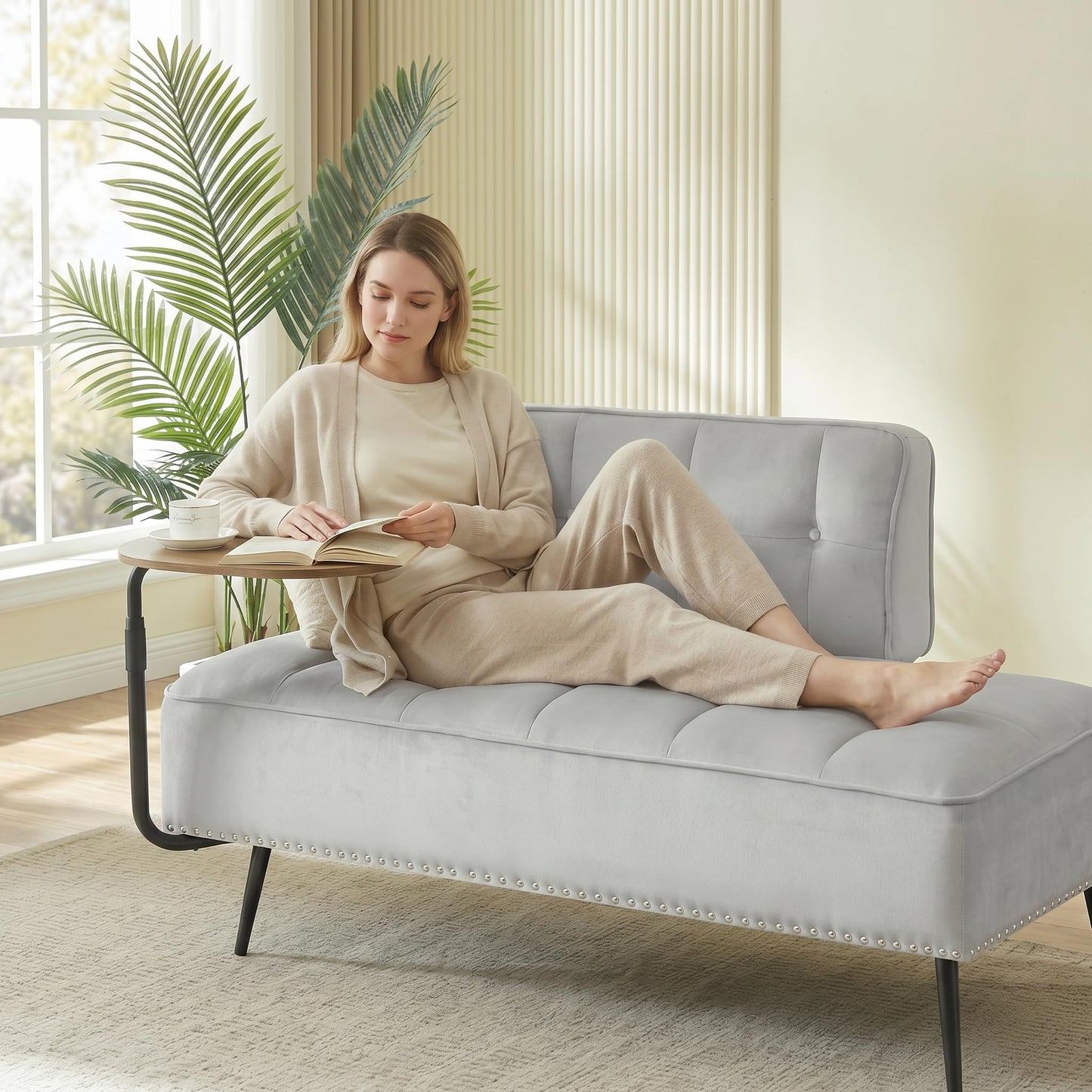 Trygoal Velvet Loveseat Sofa Couch, Futon Sofa Couch with 360° Swivel Side Table, Small Couches with Backrest and Foam Cushion for Small Spaces, Entryway Bench, Apartment, Bedroom, Gray