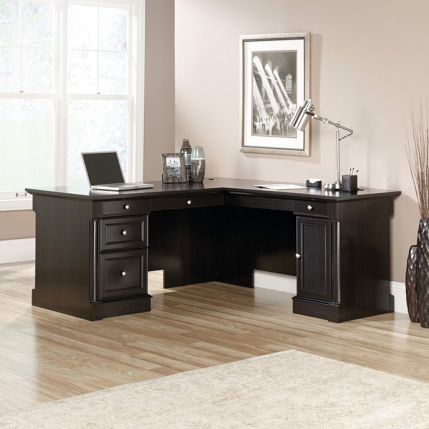 Sauder Palladia L Shaped Desk with Drawers, Office Desk with File Cabinet Storage, Cable Management, Keyboard Tray, in Wind Oak Finish
