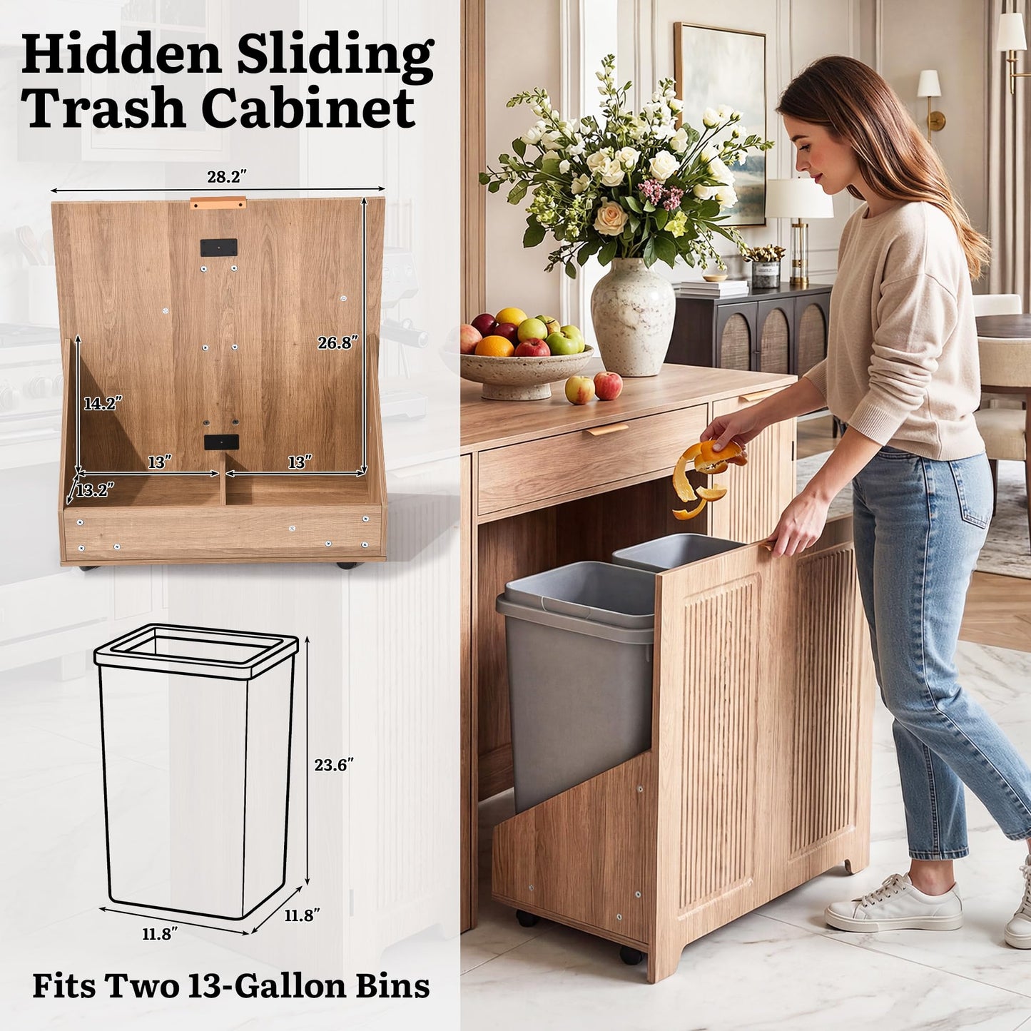 YITAHOME Expandable Kitchen Island with Hidden Trash Cabinet, 55.1" Rolling Kitchen Island with Drop Leaf, Storage Drawer & 3-Tier Side Shelves, Mobile Kitchen Island on Wheels with Towel Bar & Hooks