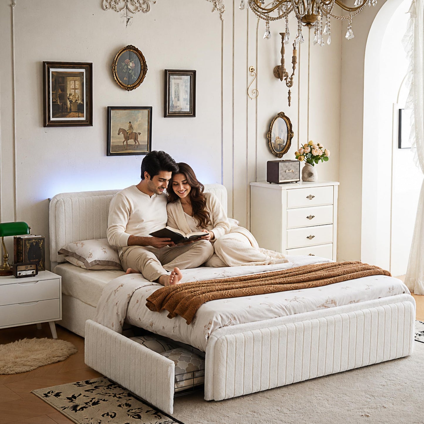Queen Bed Frame with 2 Storage Drawers & Headboard, Upholstered Platform Bed Frame Queen Size with LED Lights & Charging Station, Metal Slats Support, No Box Spring Needed, Noise Free, Easy Assembly
