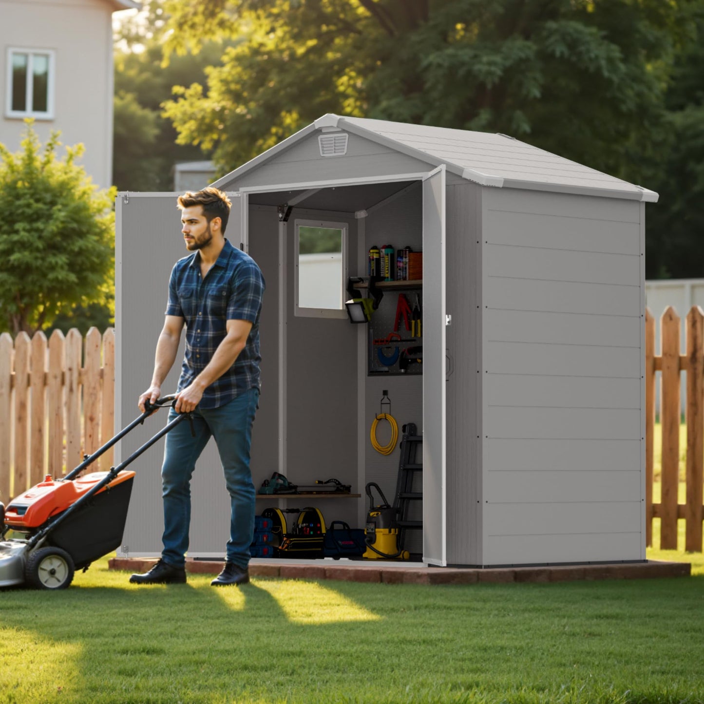 Greesum 6x4FT Plastic Outdoor Storage Shed with Floor, Resin Sheds with Lockable Double Door, Tool Sheds with Window & Vents, for Garden, Yard, Patio, Light Gray