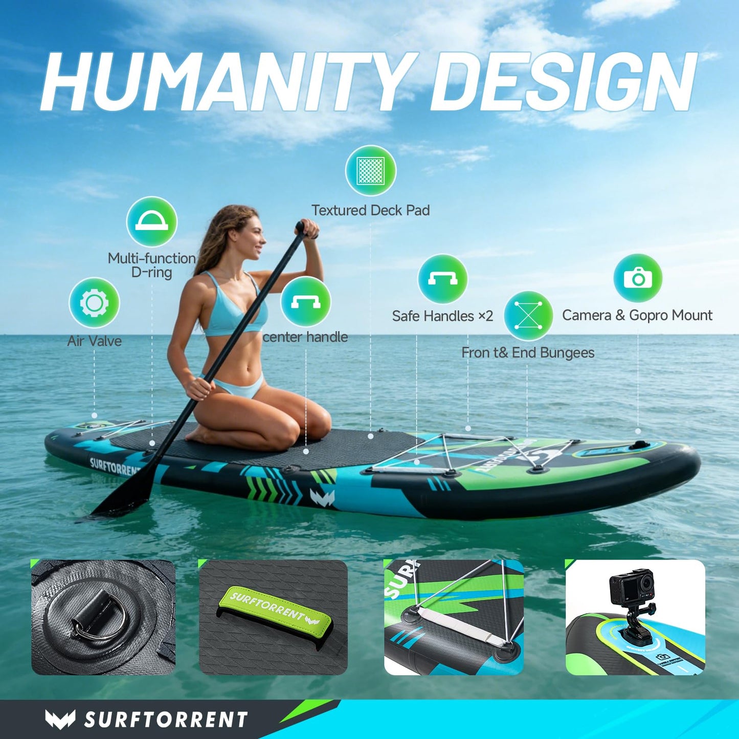 Surftorrent 11’x 33" Inflatable Stand Up Paddle Board for Adults & Youth - Wide Stable Design, Non-Slip EVA Deck, Includes Premium SUP Paddle Board Accessories, All Skill Levels (Laser Light-HL)