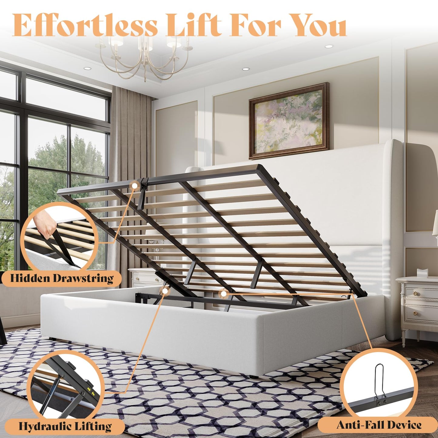 AMERLIFE Lift Up Storage Bed King Size Linen Upholstered Platform Bed Frame, Hydraulic Storage,Modern Wingback Headboard, No Box Spring Needed, White