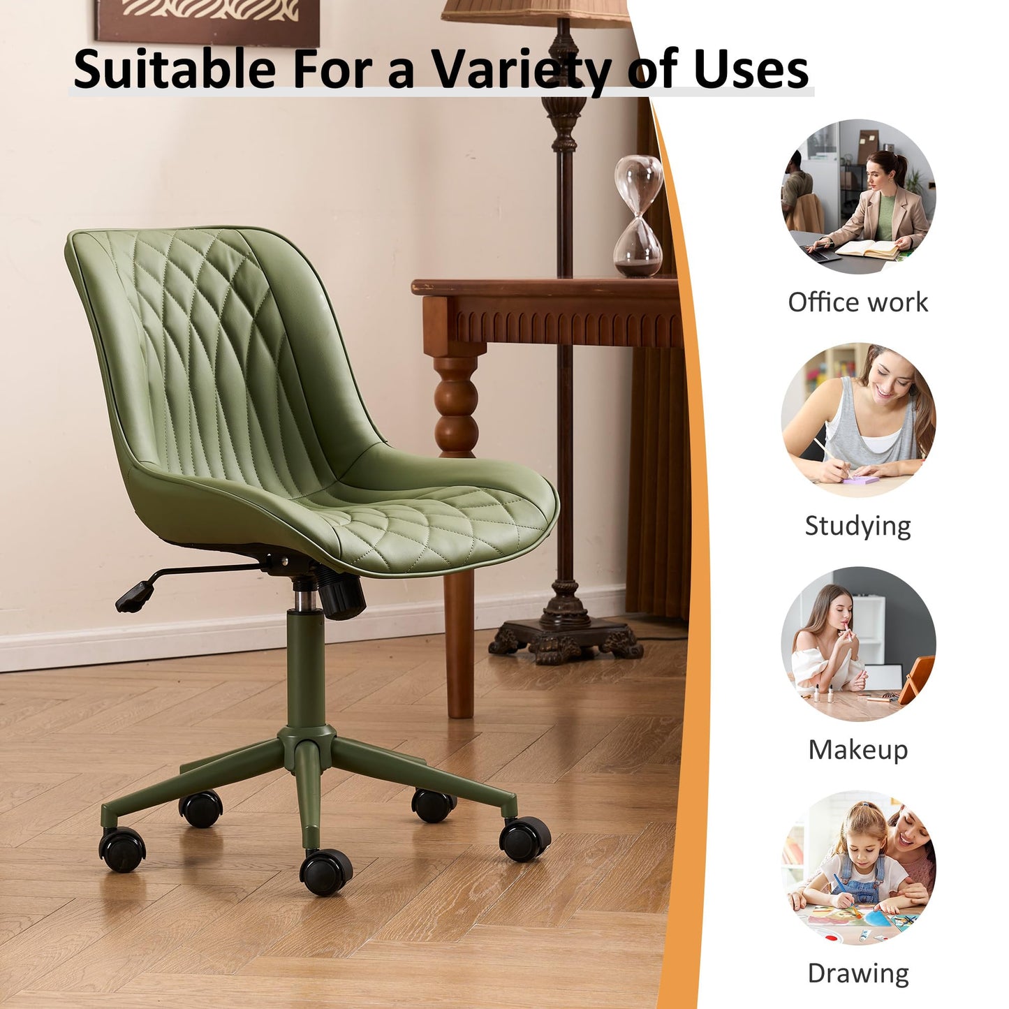 YOUNIKE Olive Green Faux Leather Ergonomic Office Chair Armless Comfy Desk Chair with Rocking Back Cute Swivel Vanity Chair with Wheels Height Adjustable Small Computer Task Chair for Sewing Drafting