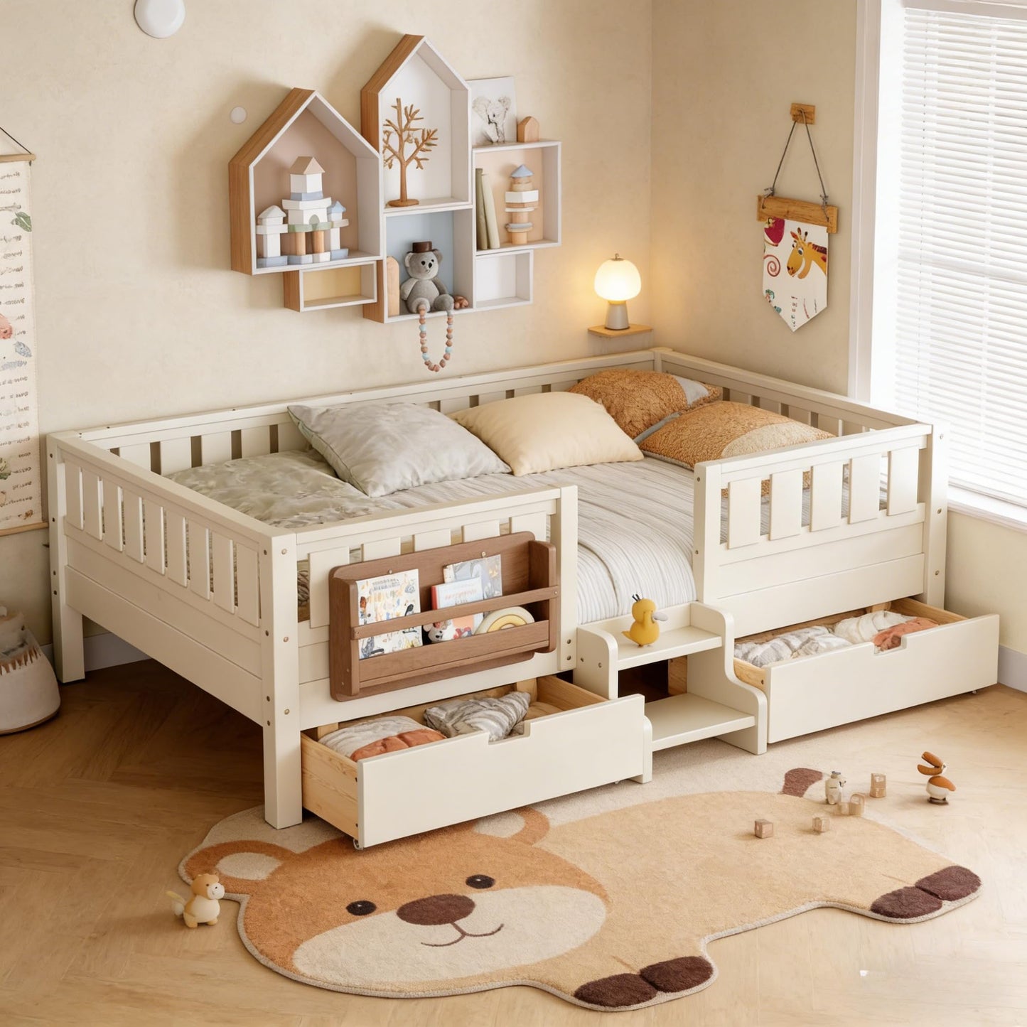 Queen Platform Bed with Storage Drawers and Bookshelves, Kids Platform Bed Frame with Low-profile Stairs and Full-length Guardrails, Queen Bed Frame for Boys, Girls, No Box Spring Needed, Beige