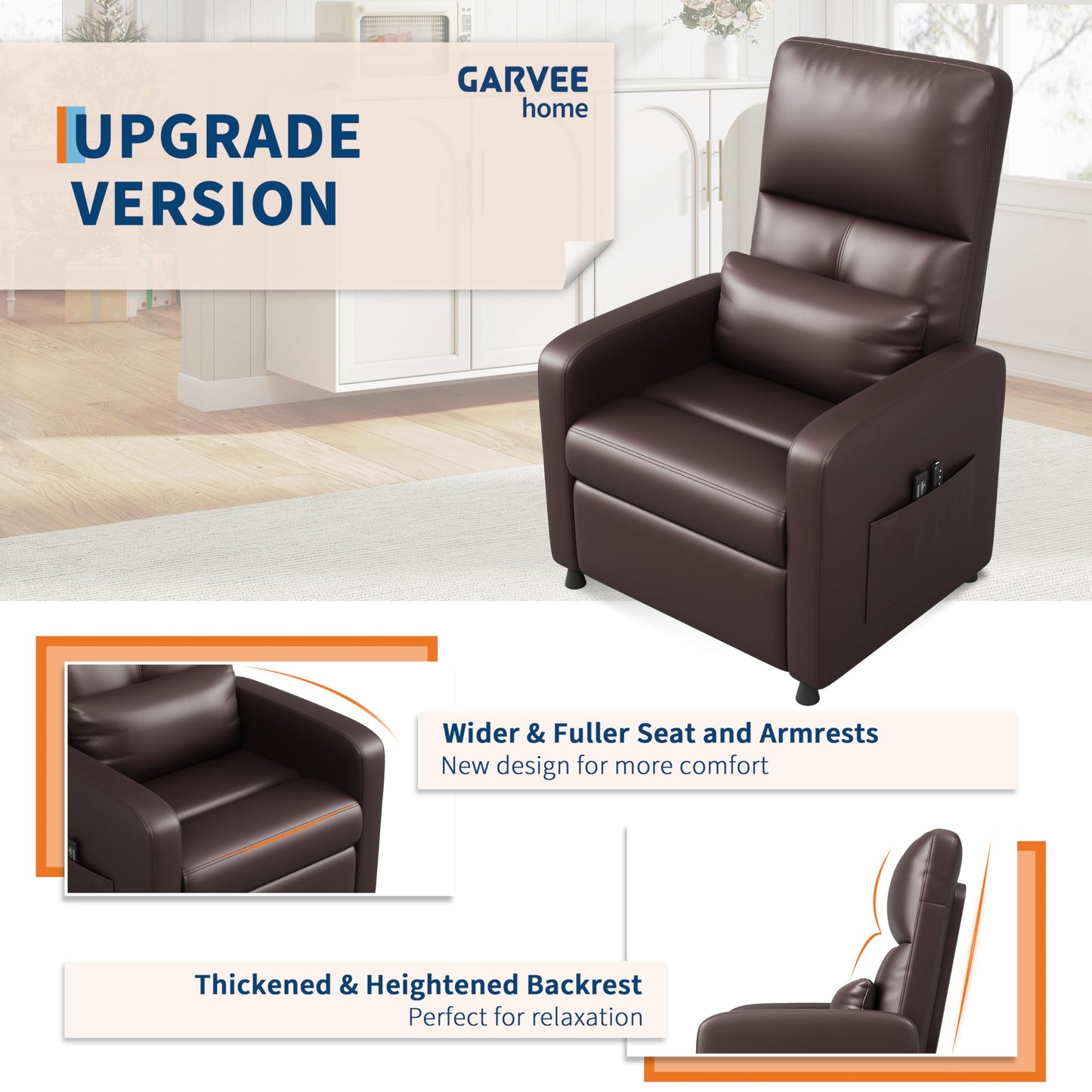 Power Recliner Chair with Heat & Massage, Adjustable Electric PU Leather Single Sofa, Ergonomic Tall-Back Padded Seat, Home Theater Seating Recliner for Living Room