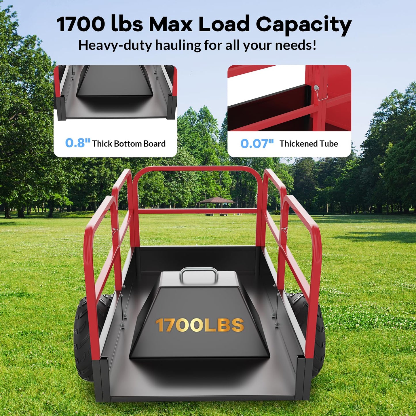 Heavy Duty ATV Trailer Tow Behind Dump Cart, 1700 Lbs/17 Cu.Ft Capacity Heavy Duty Steel Dump Trailers Cart w/Support&Removable Sides,Utility Trailer for ATV, UTV, Lawn Mowers and Tractors