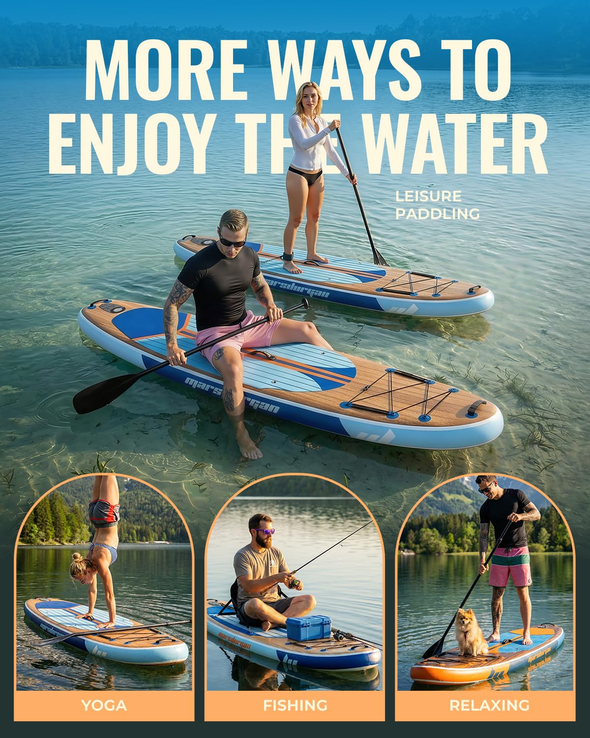 Marsdorgan 11' Inflatable Paddle Board Dark Oak with Seat | Extra Wide SUP Non-Slip Deck, 360° Leash | Stable for Family Lake Ocean, Includes 10L Dry Bag
