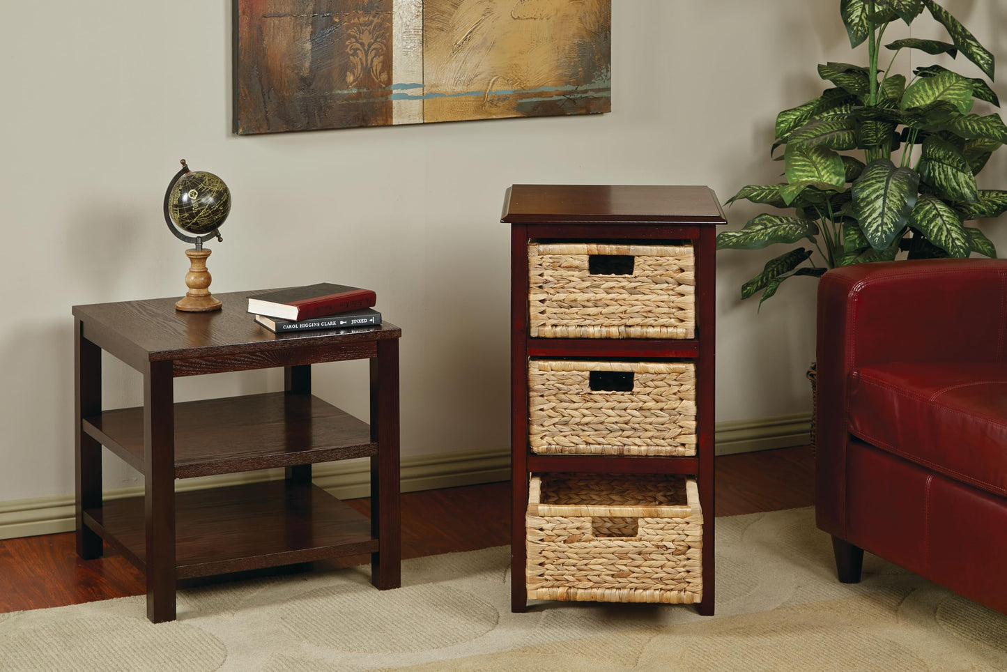 OSP Home Furnishings Seabrook Storage Tower with Solid Wood Frame and Natural Baskets, 3-Drawer, Espresso Finish