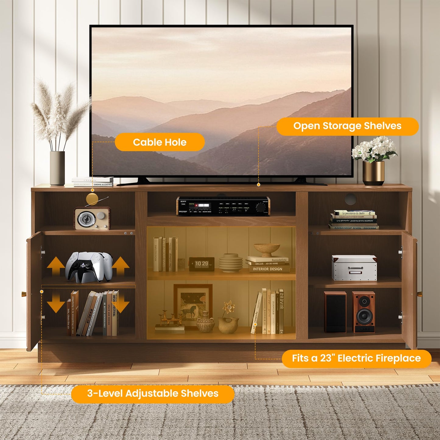 RoyalCraft TV Stand, Farmhouse Entertainment Center with Storage and Adjustable Shelves, Wood Tall TV Console for Living Room, Bedroom