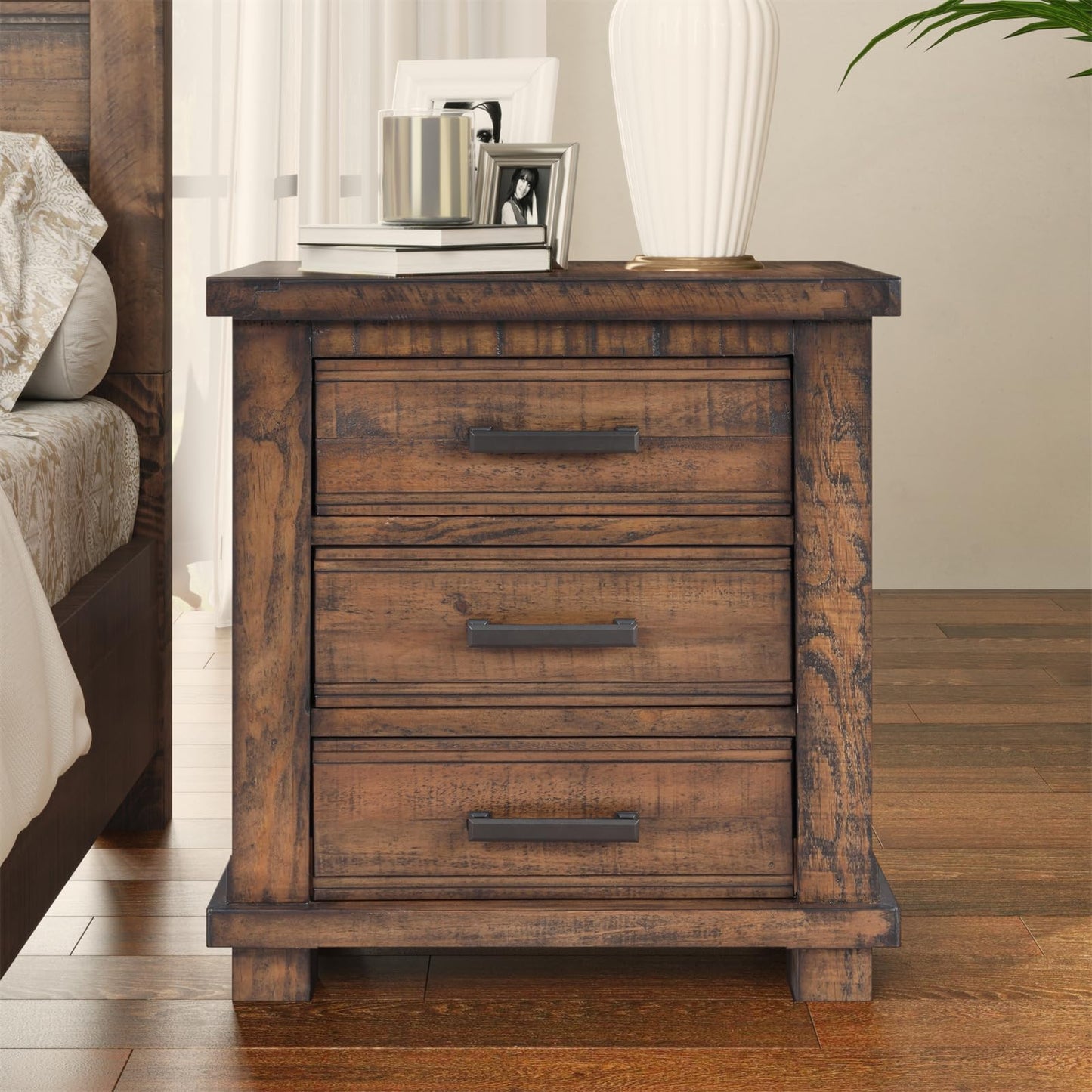 Henf Rustic Brown Nightstand with 3 Drawers,Full Assembly Storage Wood Cabinet with Metal Handle,Drawer Chest End Table for Living Room, Bedside Table Organizer with Solid Wood Frame for Bedroom
