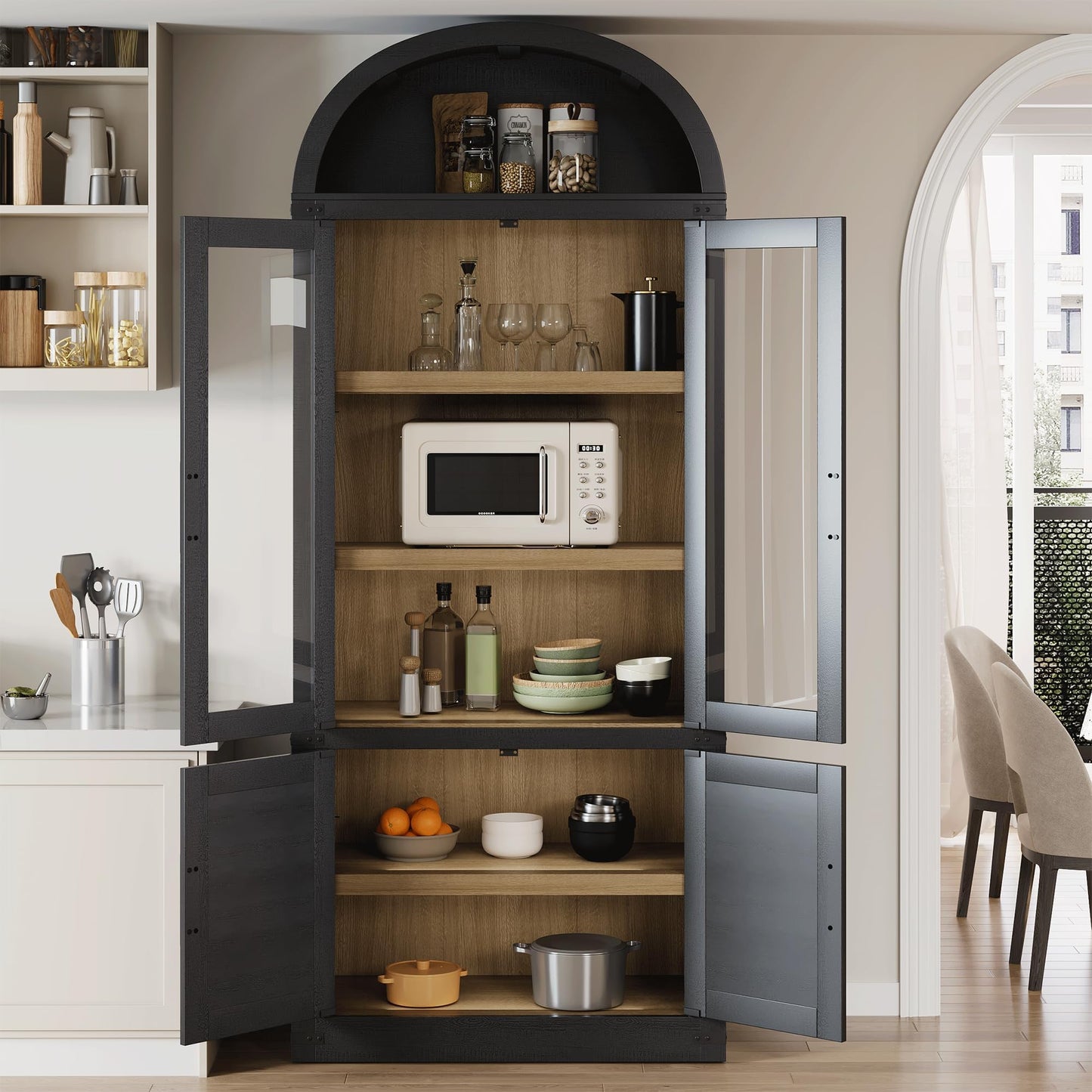 MERXENG Modern 71.6" Kitchen Pantry Cabinet with Doors & Arch Design - 5-Tier Fluted Wood Storage Organizer, Bookshelf for Dining Room, Living Room