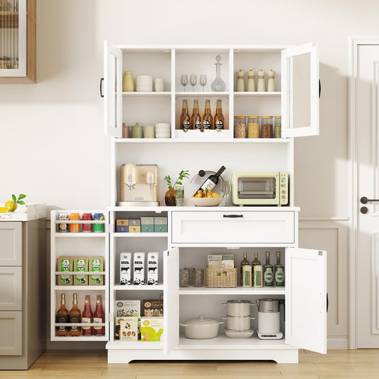 Shintenchi Kitchen Pantry Storage Cabinet, Freestanding Buffet Cabinet with Microwave Stand & 3 Door Shelves, Kitchen Hutch with Doors, Adjustable Shelves and Wine Rack, White