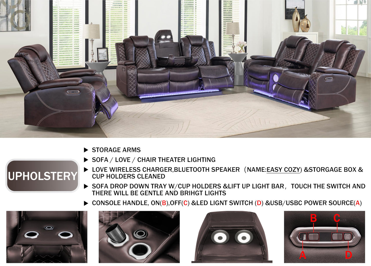 Ball & Cast Power Recliner Sofa Set Leather Reclining Couch Home Theater Seating 3PCS Recliner Couch Loveseat & Chair Sets with USB Ports,Wireless Charing,Cup Holders for Home Theater,Living Room
