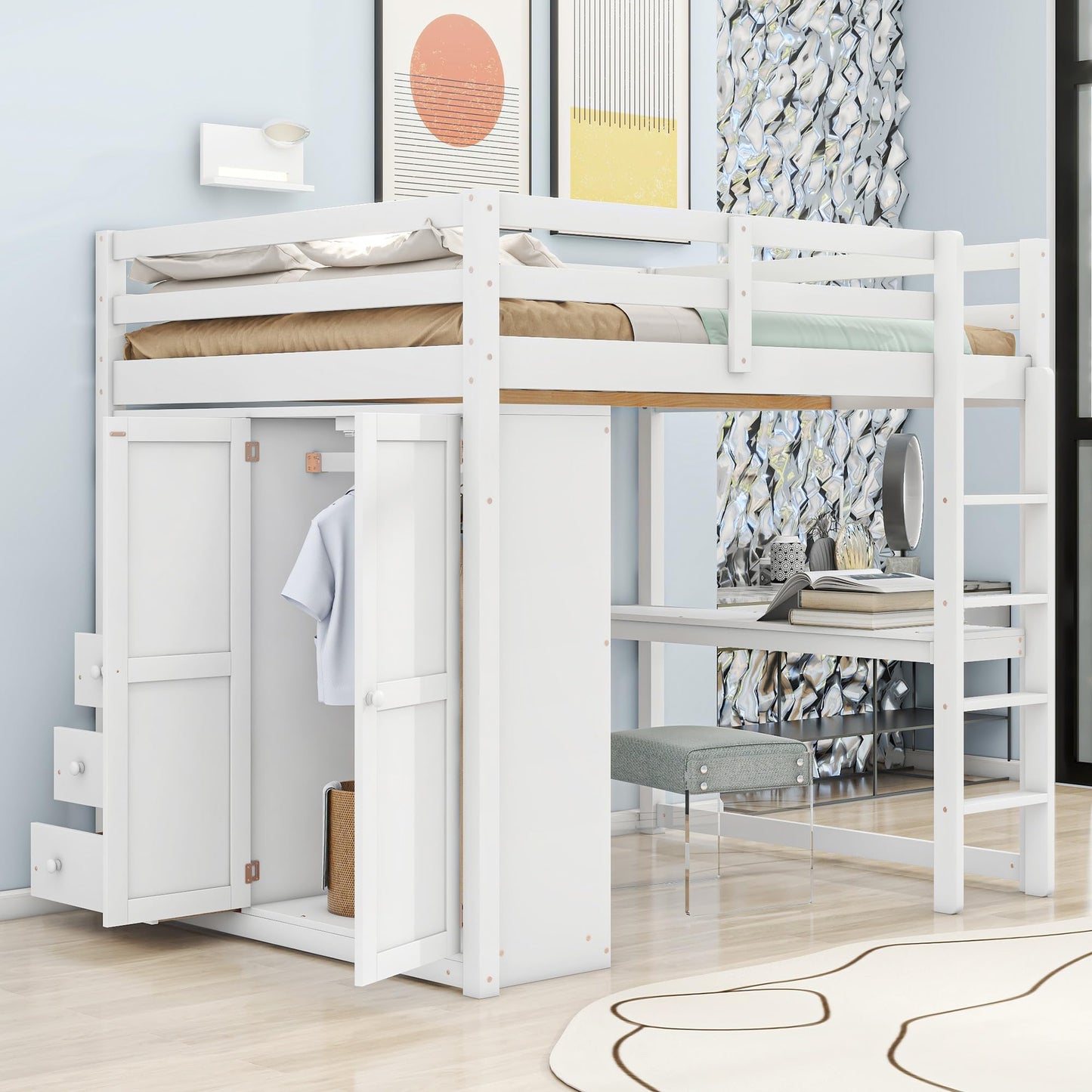 Merax Full Size Wood Loft Bed with Built-in Wardrobe, Large Desk, 2-Tier Storage Shelves & 3 Drawers, Solid Pine Wood Frame, 350 lbs Capacity, No Box Spring Needed for Bedroom, White