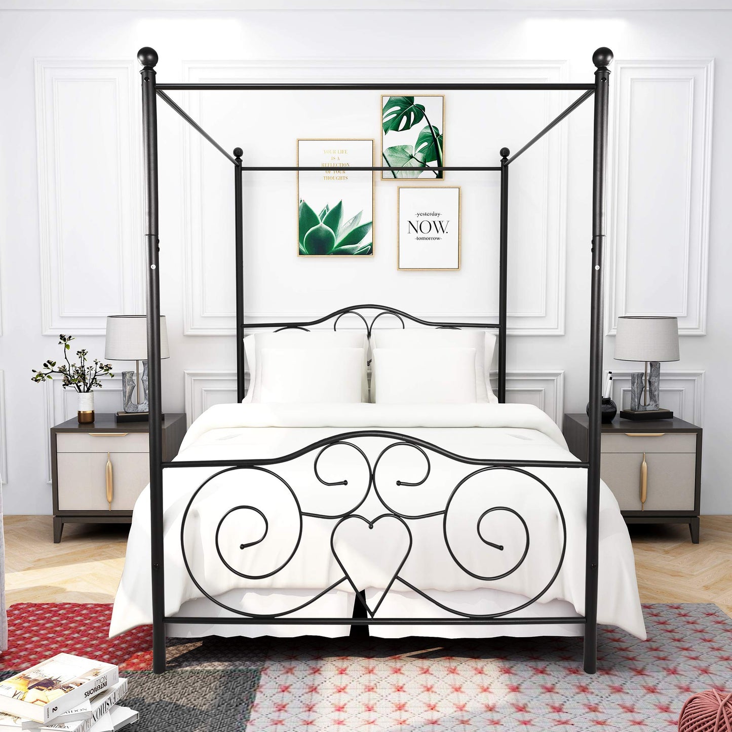 Canopy Full Bed Frame Platform Heavy Duty Steel Slat and Support with Headboard and Footboard No Box Spring Required （Black）