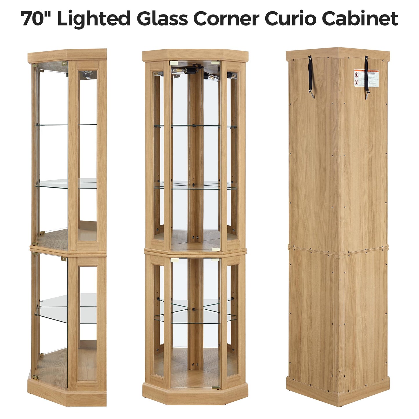 Trygoal 70" H Lighted Glass Display Cabinet, 3-Side Corner Curio Cabinet with Tempered Glass Doors, Elegant China Cabinet Dis, Accent Cabinet with Adjustable Shelves for Living Room, Light Oak