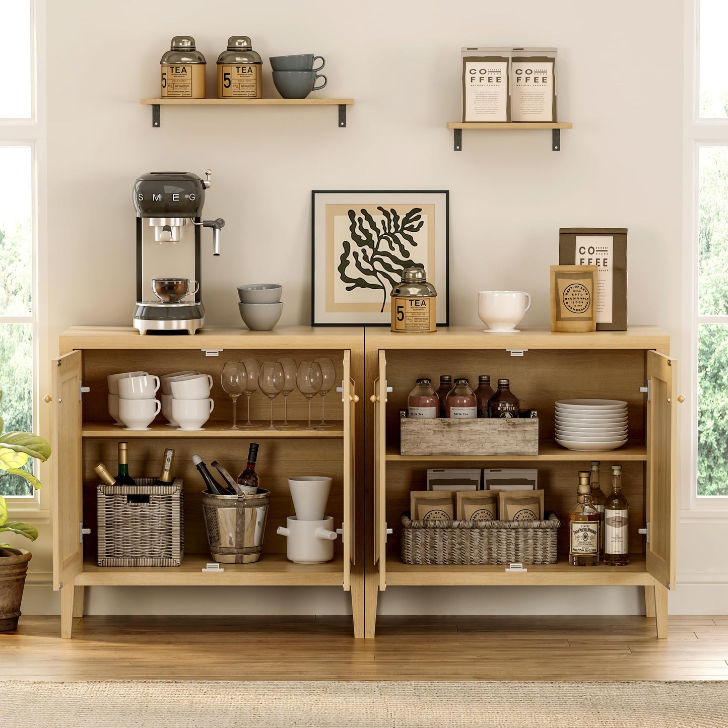 EYYTHUNG Sideboard Buffet Cabinets Set of 3 with Adjusable Shelves, Farmhouse Storage Cabinet, Credenza, Accent Cabinet, Kitchen Coffee Bar Console Table for Living Dining Room, Natural Oak