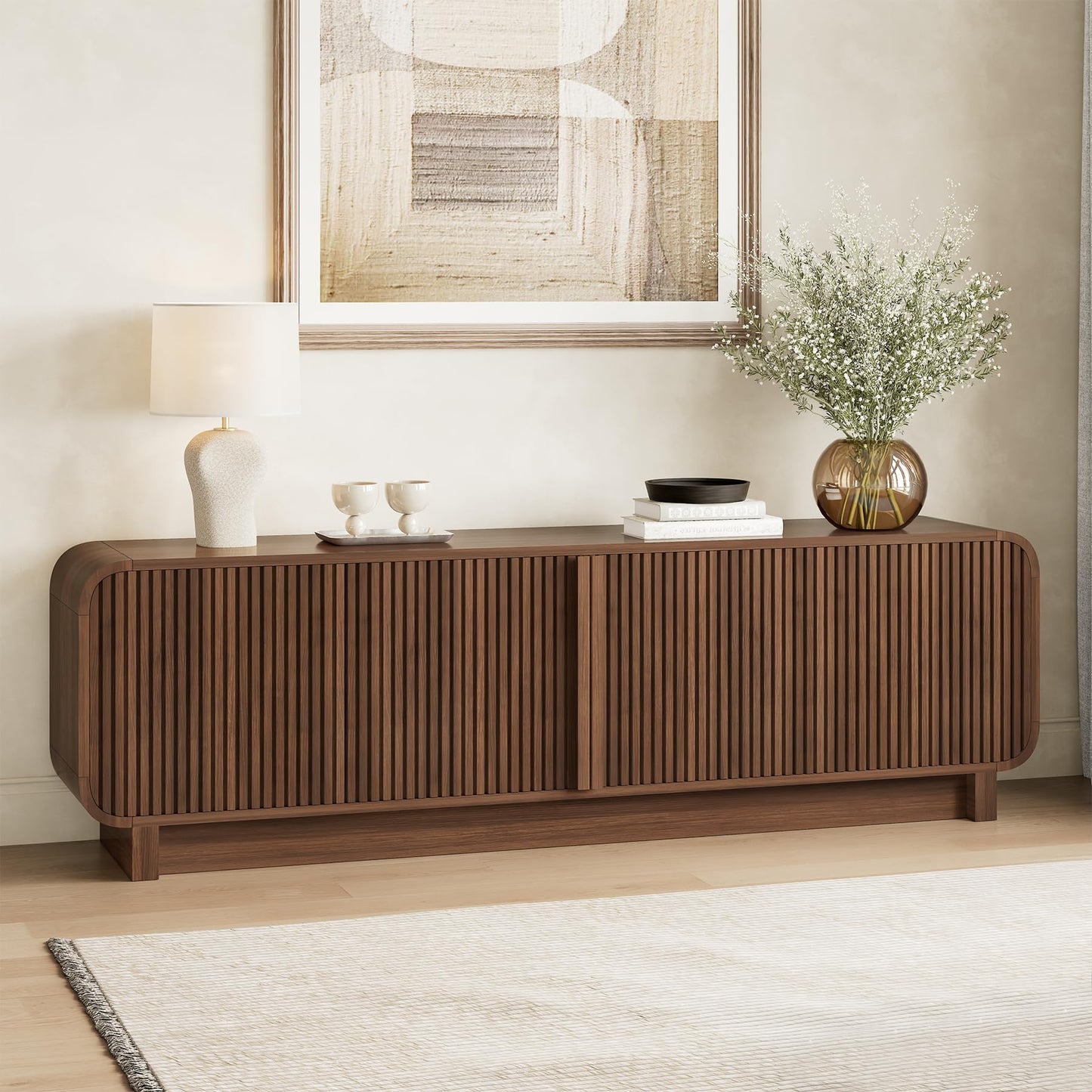 78.75" Fluted TV Stand with Storage Cabinets, Rounded Edge Entertainment Center, Mid-Century Media Console for Living Room Hallway, Walnut