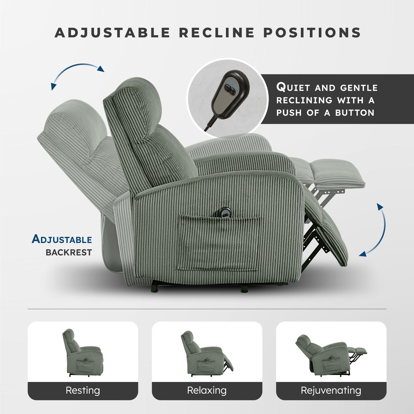 Lexicon Power Lift Recliner Chair for Elderly with Remote Control, Gentle Lift Motion, Side Pocket Armrest, Corduroy Upholstered Electric Recliner for Living Room/Bedroom, Easy Assembly, Green