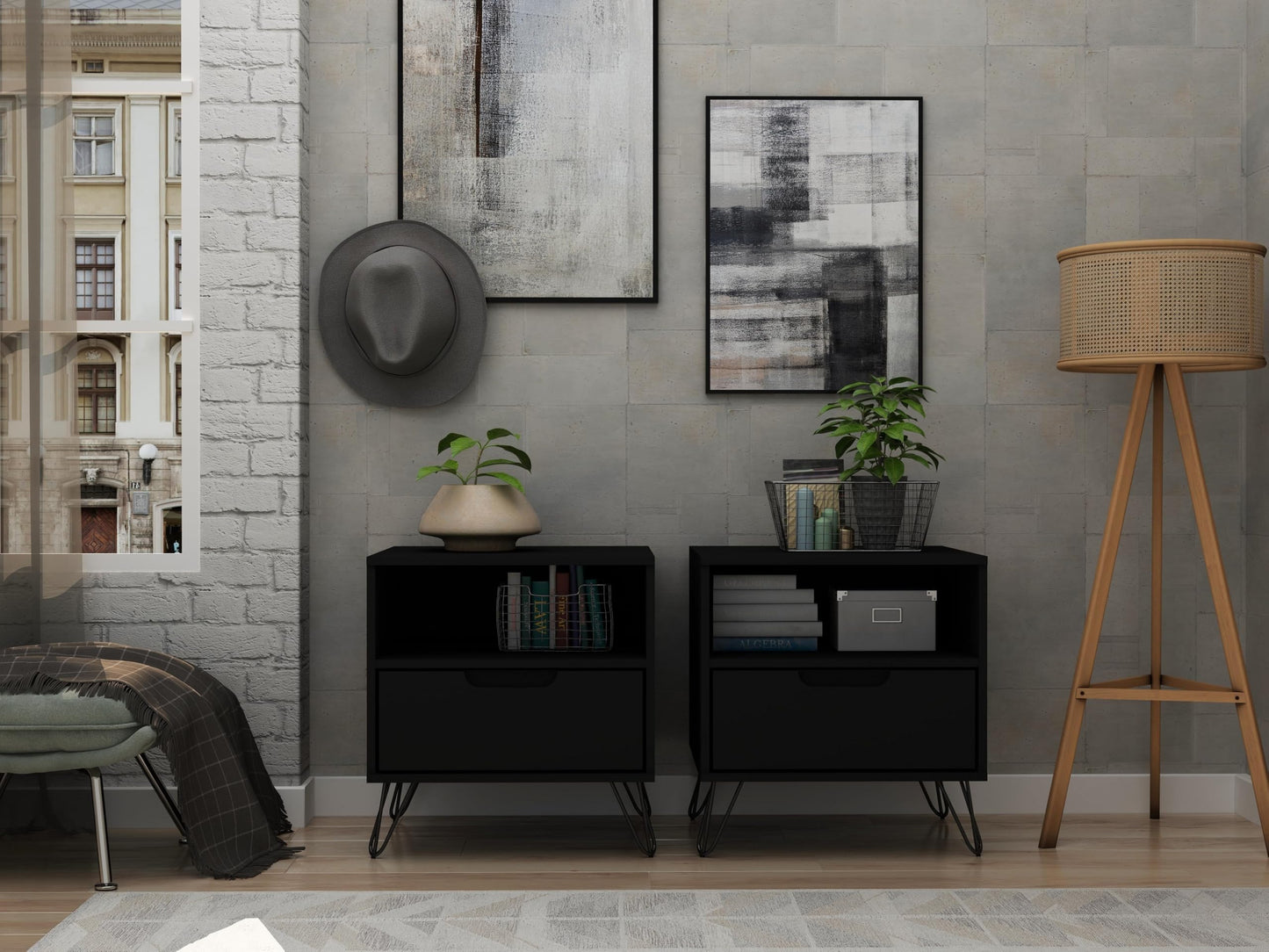 Manhattan Comfort Rockefeller Nightstands Set of 2 with Drawer and Cubby, Ideal for Bedroom and Living Room, Bedside Table with Mid Century Modern Design, Functional Storage Organizer, Black