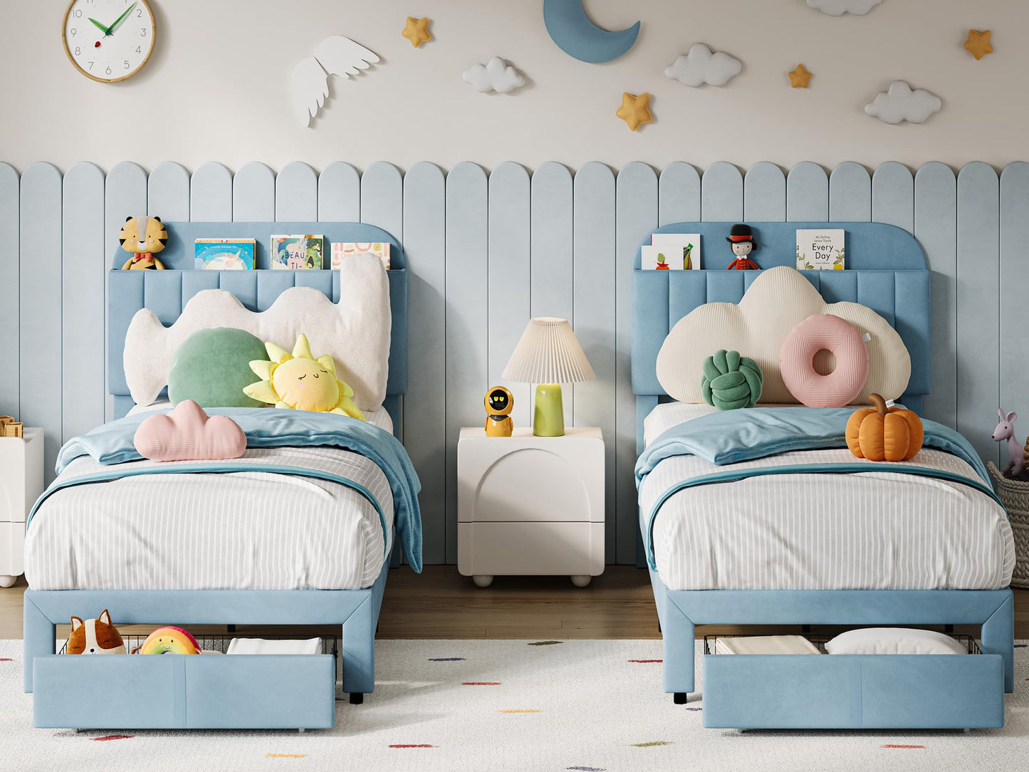 IDEALHOUSE Twin Bed Frame for Kids, Upholstered Platform Bed with Large Storage Drawer and Bookcase Headboard, Boys Bed, Noise-Free, Easy Assembly, No Box Spring Needed, Blue