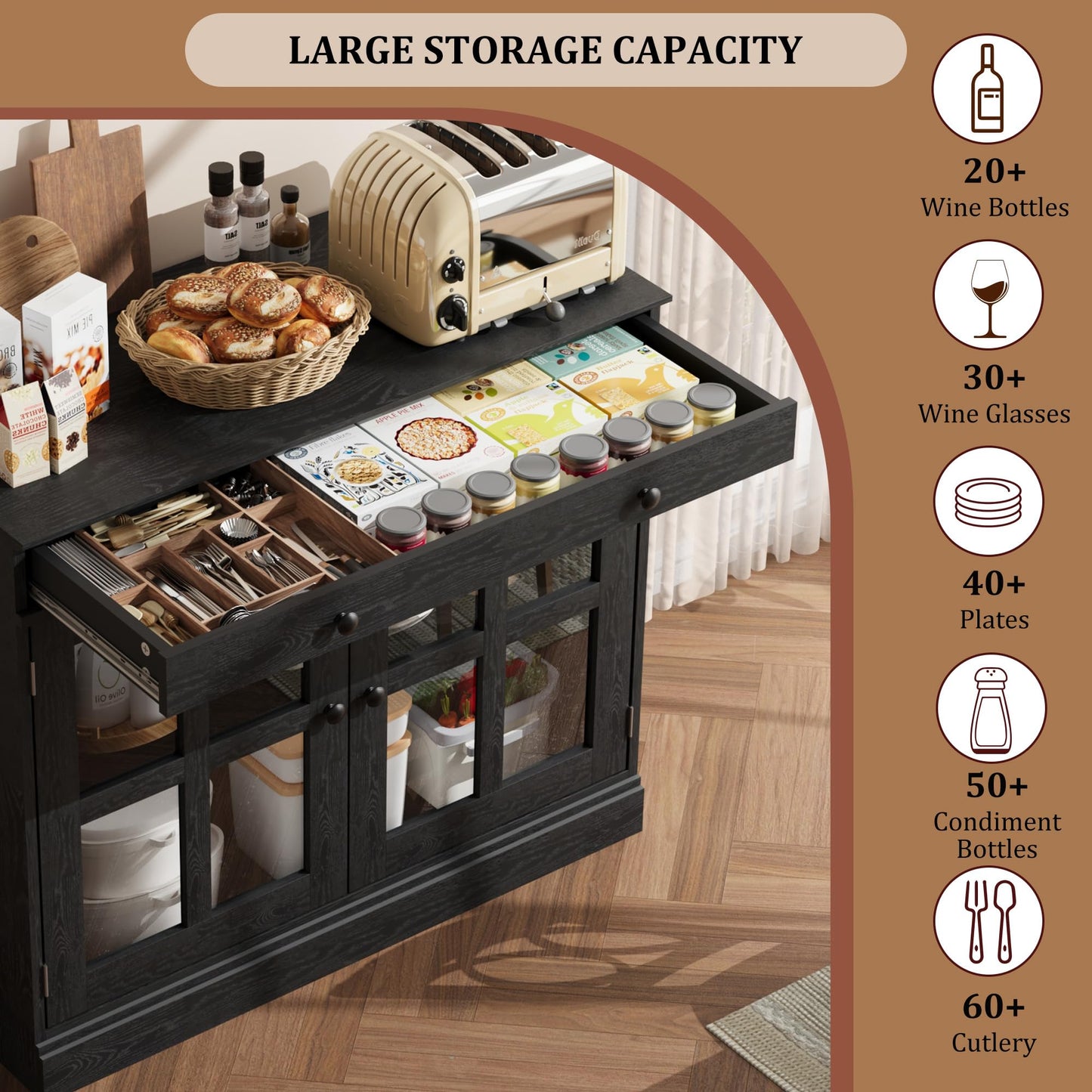 GAOMON 35.4" Modern Black Sideboard Buffet Cabinet with Glass Door, 3 Drawers & 3 Adjustable Shelves, Kitchen Coffee Bar Cabinet, 35.4" W x 30.6" H x 15.7" D