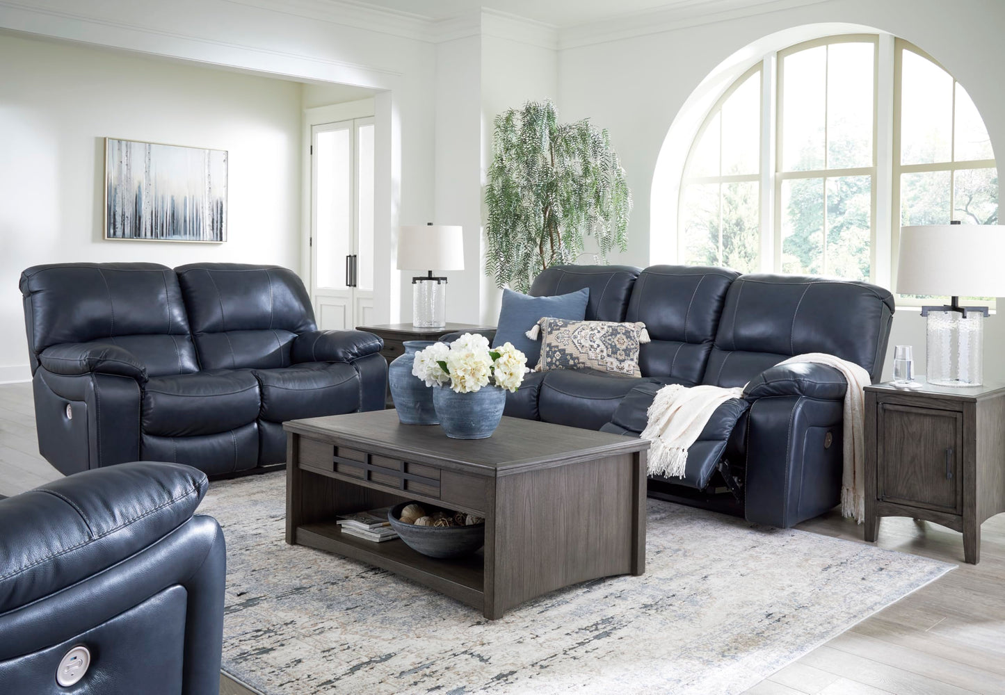 Signature Design By Ashley Leesworth Modern Power Rocker Recliner, USB Port, Gentle Rocking, Top Grain Leather and Matched Leather, 41" W x 41" D x 41" H, Blue