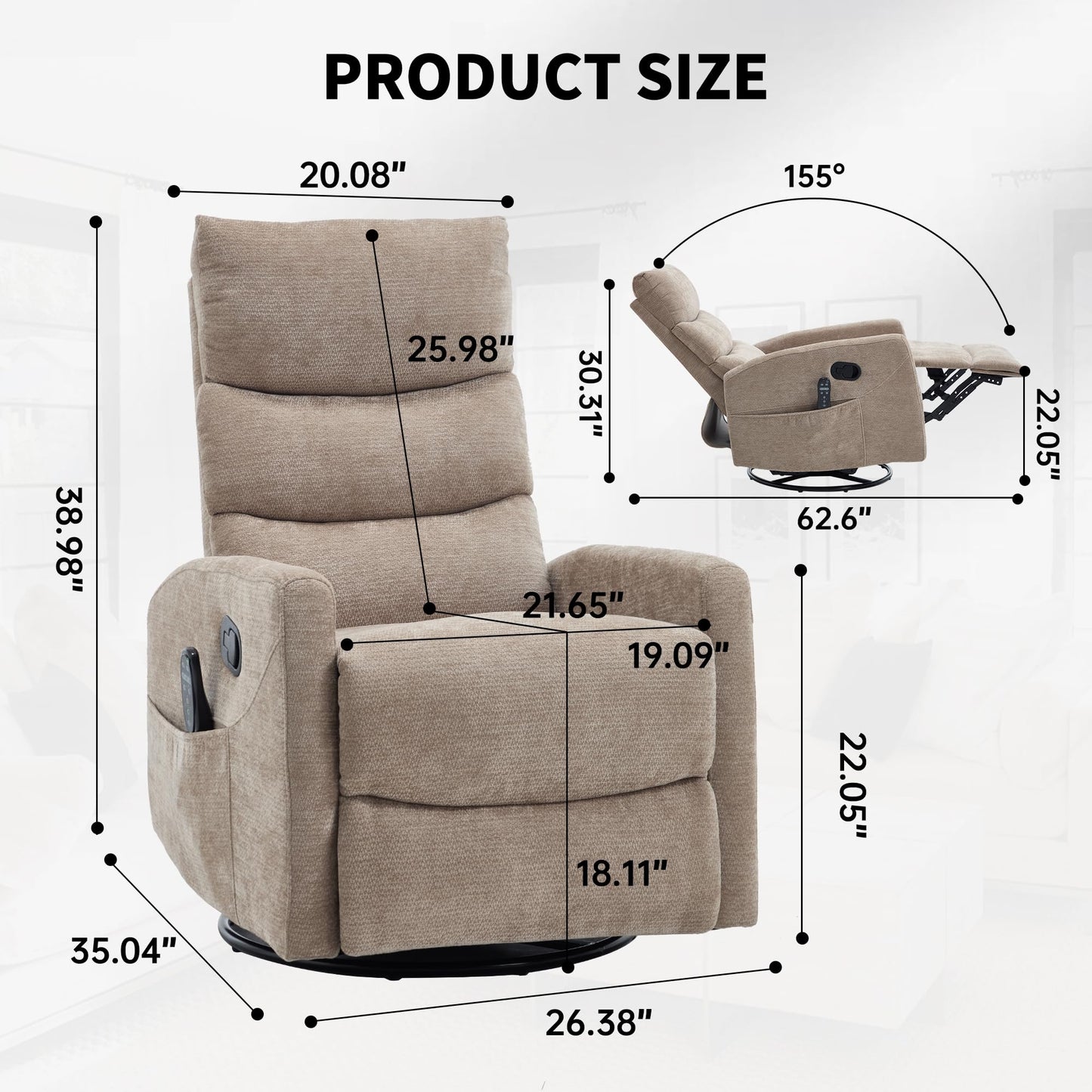 KEIKI 4-in-1 Manual Swivel Rocker Recliner Chair for Home Living Room, Chenille Chair with Back Massager & Heat, Home Theater Seating with Lumbar Support, Comfy Bedroom Chairs for Elderly, Khaki