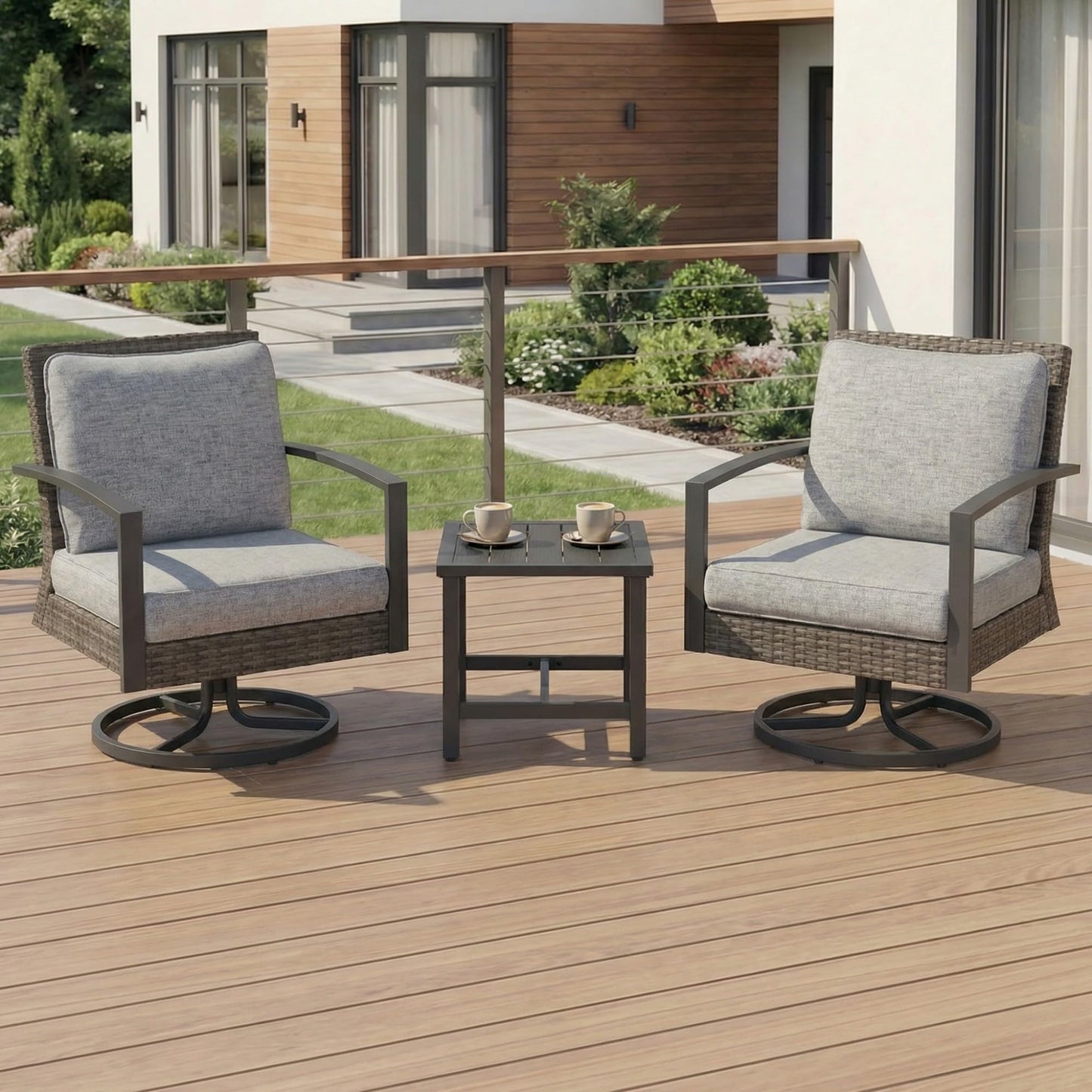 Green4ever 3-Pieces Patio Swivel Rocking Chairs Rocking with Sidetable, Metal Outdoor Rocking Chair, All Weather Rattan Patio Chairs for Porch, Bistro, Balcony, Grey