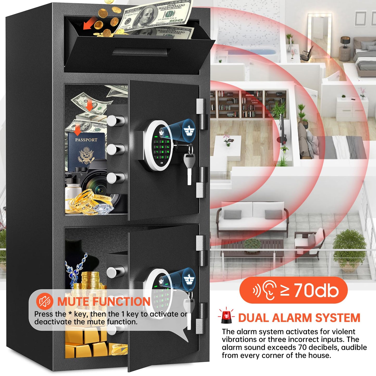 6.5 Cub Extra Large Home Safe Box Fireproof Waterproof with Drop Slot, Digital Drop Slot Safe with Double Door & Key Hook, Money Safes with Backlit Keypad & Dual Alarm for Home Office Business