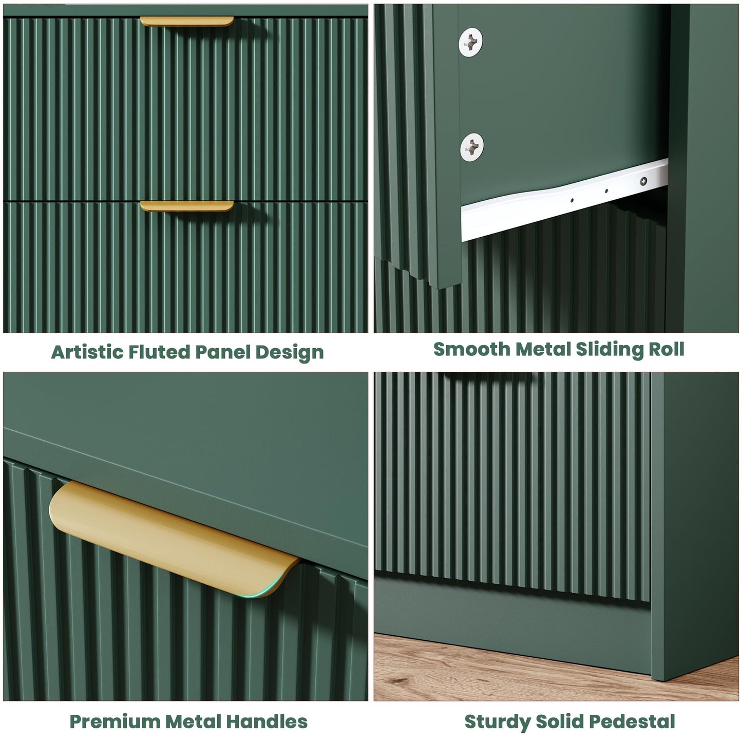 Garvee 6 Drawers Dresser for Bedroom - 54" Wide Modern Fluted Double Chest of Drawers with Golden Metal Handles, Large TV Stand Multi-Function Home Organizer for Living Room, Entryway, Hallway, Green