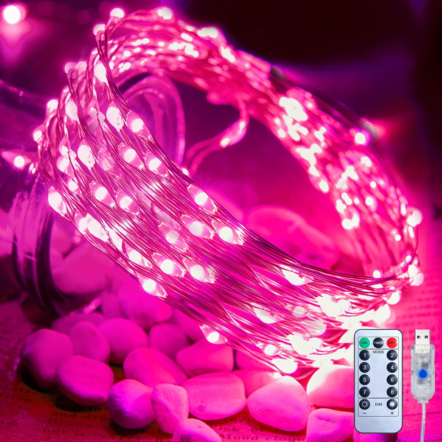 Minetom USB Fairy Lights, 33ft 100 LEDs, Waterproof, 8 Modes, Pink, Copper, Ideal for Valentines Day, Wedding, Christmas Decoration