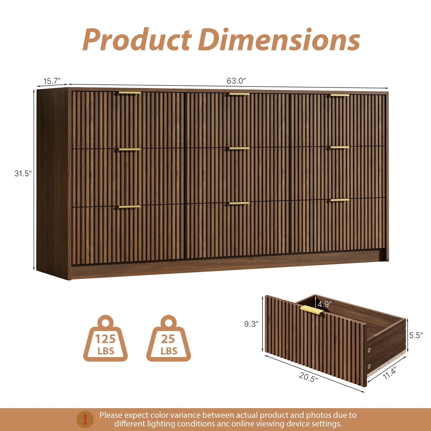 MAISONARIA 9 Drawer Dresser for Bedroom, 63" Wide Modern Fluted Dresser with Gold Metal Handles, Chest of Drawers for Bedroom, Living Room, Entryway, Hallway, Walnut