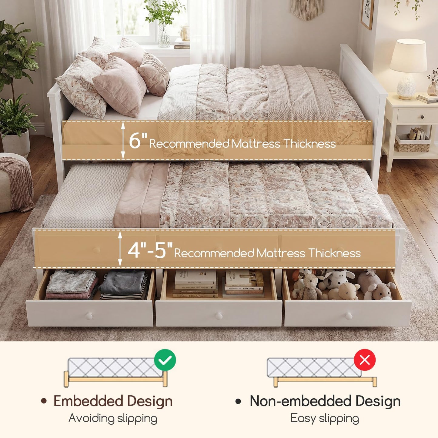 KOMFOTT Wood Full Trundle Bed with 3 Storage Drawers, Daybed with Trundle, No Box Spring Needed Daybed Frame, Trundle Bed with Storage for Kids Teens & Adults, Full Size Captain’s Bed (White)