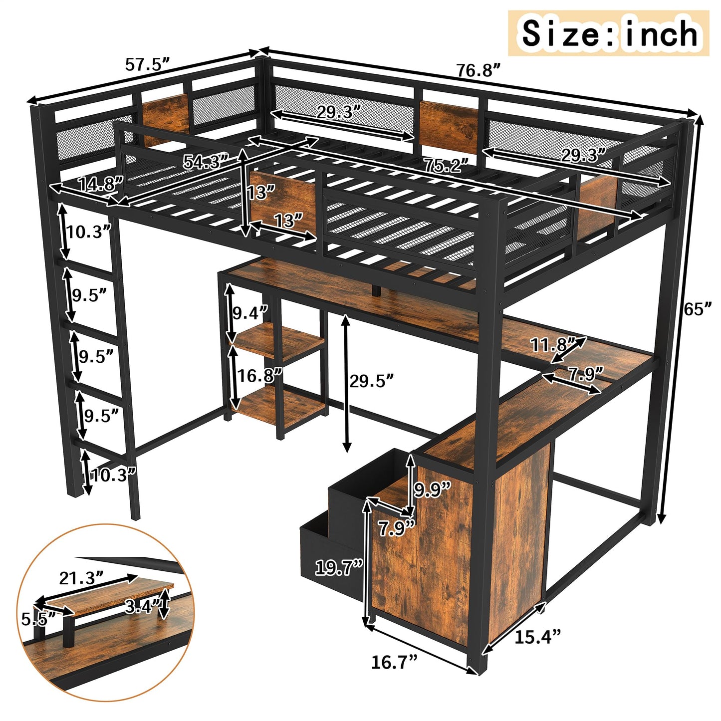 Bellemave Full Loft Bed with L-Shaped Desk and Storage Drawers, Full Size Loft Bed Frame with Computer Monitor Stand, Corner Shelf and Hanger Rod, Adults Loft Beds Nosie-Free, Black