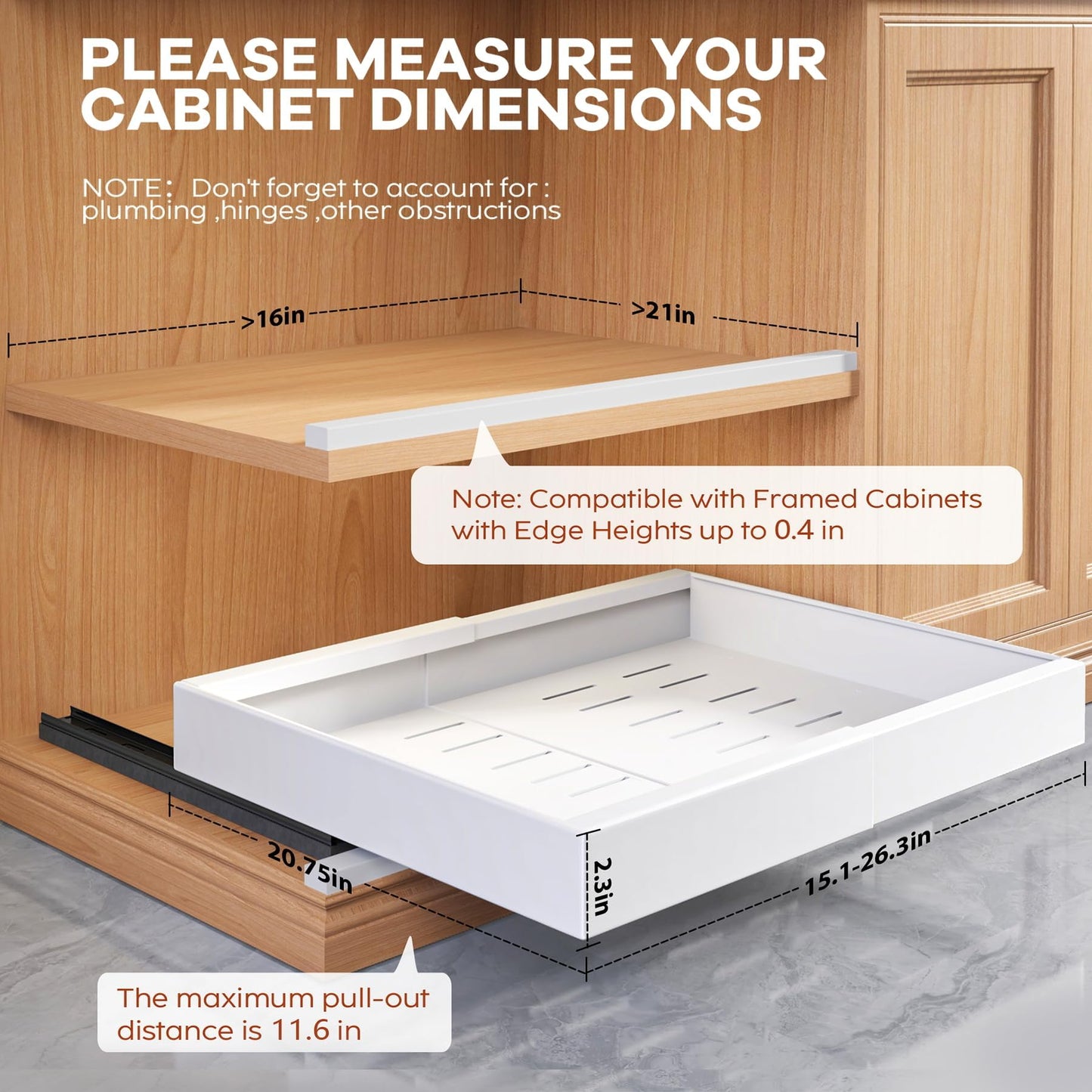 Seinloes 4 Pack Expandable (15.1"-26.3") Pull Out Cabinet Organizer 21" Deep With Raising Pad for Framed Cabinets,Upgrade 3 Slide Rails Slide Out Drawers,No Drill Roll Out Shelves Adhesive,White
