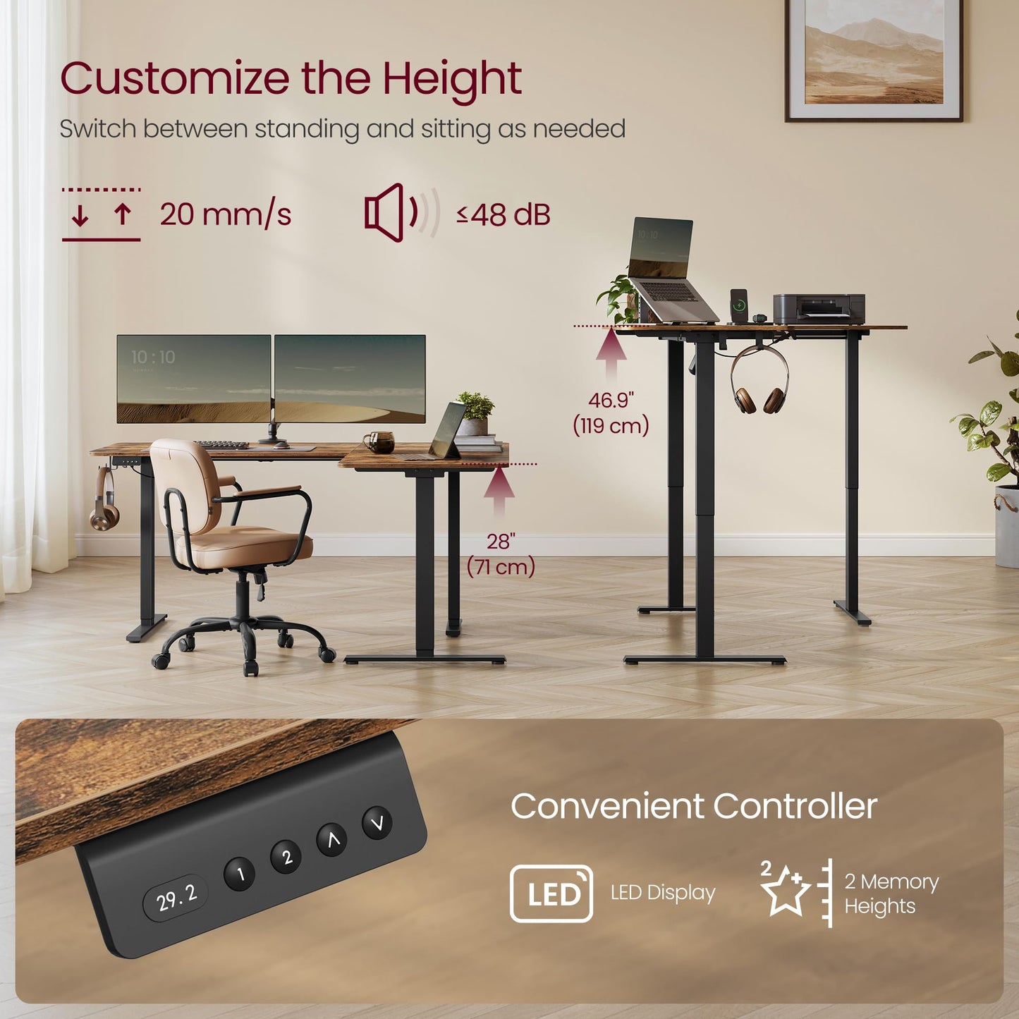 VASAGLE L Shaped Electric Standing Desk, 63 x 47.2 Inches, Height Adjustable Corner Desk with Power Outlets, 2 Memory Buttons, Easy to Assemble, for Home Office, Rustic Brown ULSD242K01