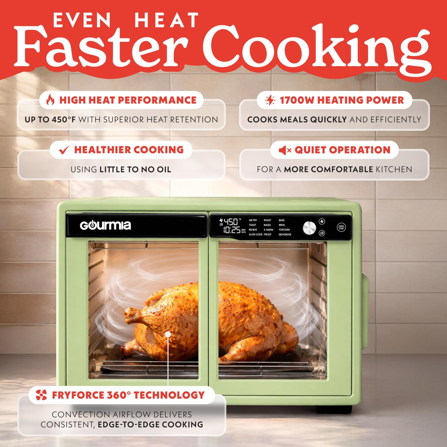 Gourmia French Door Air Fryer Oven - 37 Qt Large Capacity Convection Toaster Oven, FryForce 360°, Digital Display, 12 Cooking Presets, Dehydrate, Fits 13” Pizza, Dishwasher-Safe, Green