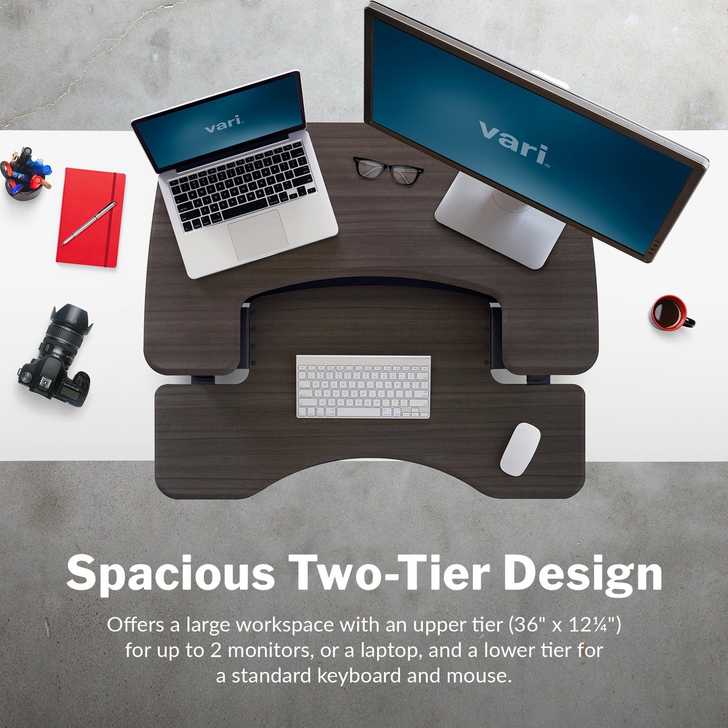 Vari Varidesk Pro Plus 36 Standing Desk Converter for Home Office – 11 Height Settings + Spring-Loader Lift, 2 Tier Design with Keyboard Tray, Fits Tables 26.5" Deep – Fully Assembled (Espresso)