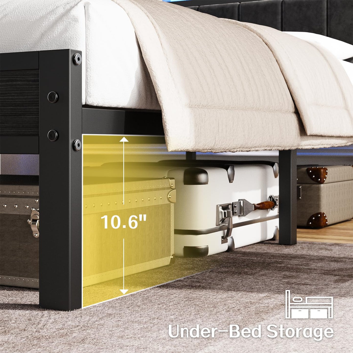 OLEVS King Bed Frame with Charging Station & LED Lights, Modern Platform Bed with Upholstered Storage Headboard, No Box Spring Needed Noise Free