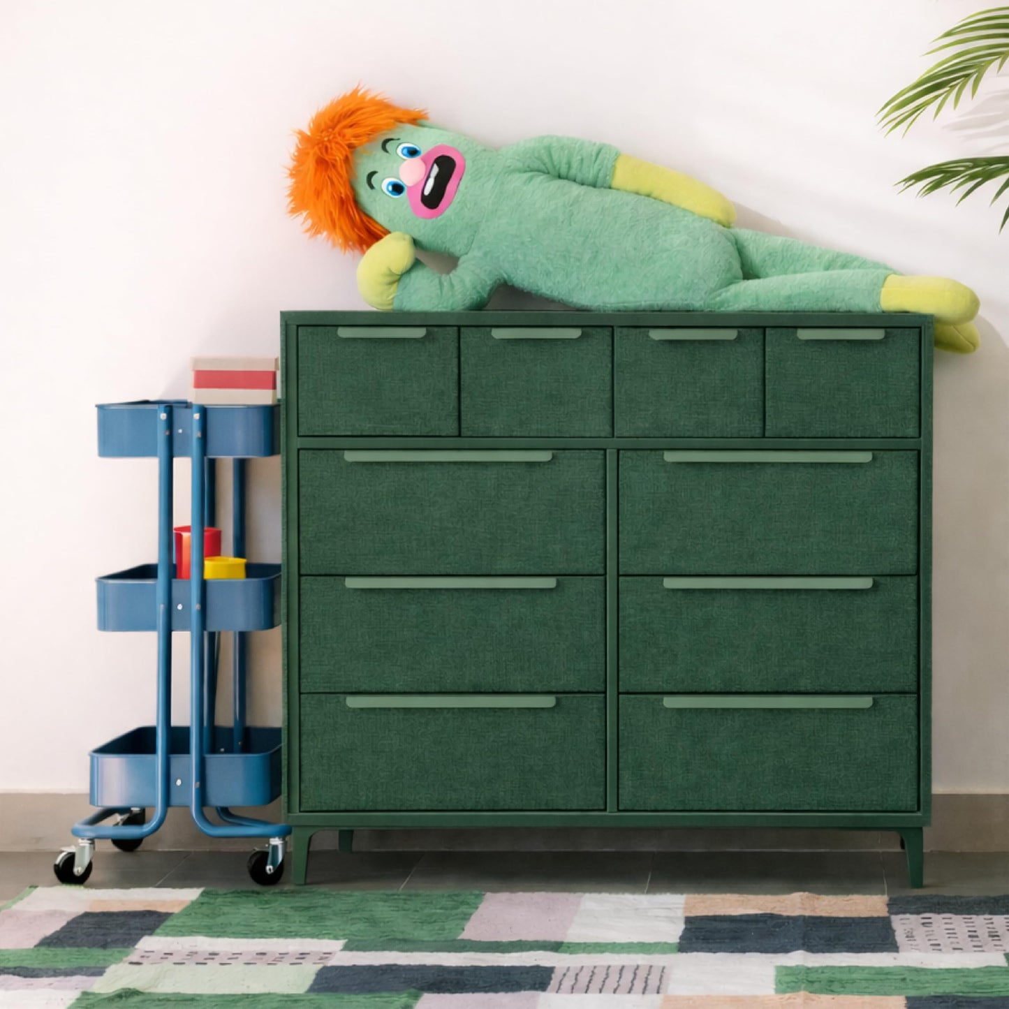 tinge Naima Premium Fabric Dresser - Strong Metal Frame, 10 Spacious Sag-Proof Drawers with Sleek Metal Handles - Premium & Durable Storage Solution for Your Home (Green)