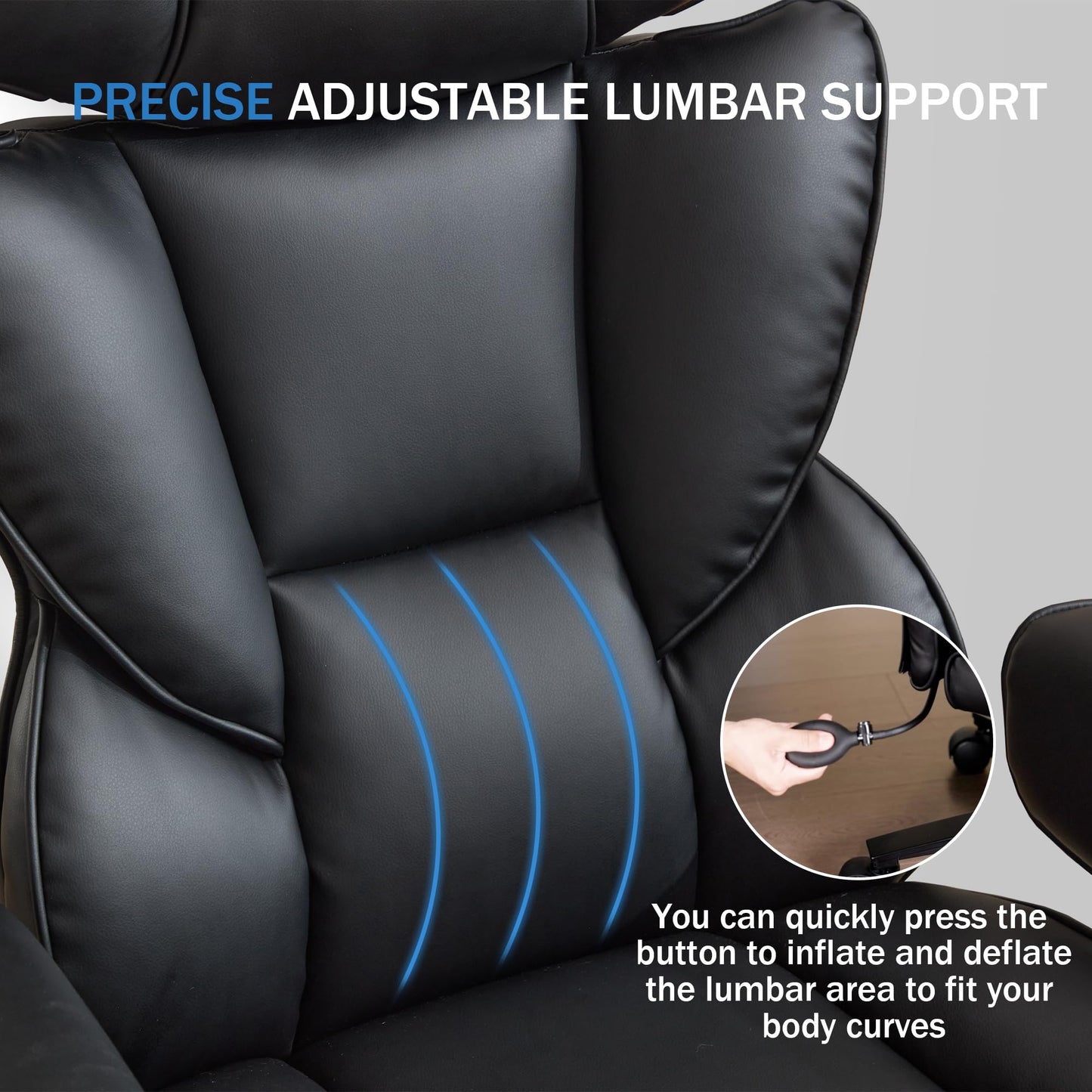 600lbs Big and Tall Office Chair with Foot Rest & Flip Arms, Plus Size Office Chair for Heavy People, Inflatable Adjustable Lumbar Support, Ergonomic Breathable Leather Chair, Quiet Rubber, Black