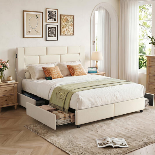 VECELO Full Bed Frame with 4 Storage Drawers, Velvet Upholstered Platform Beds Charging Station-Ports for USB and Type-C, Noise-Free, No Box Spring Needed, Easy Assembly, Beige