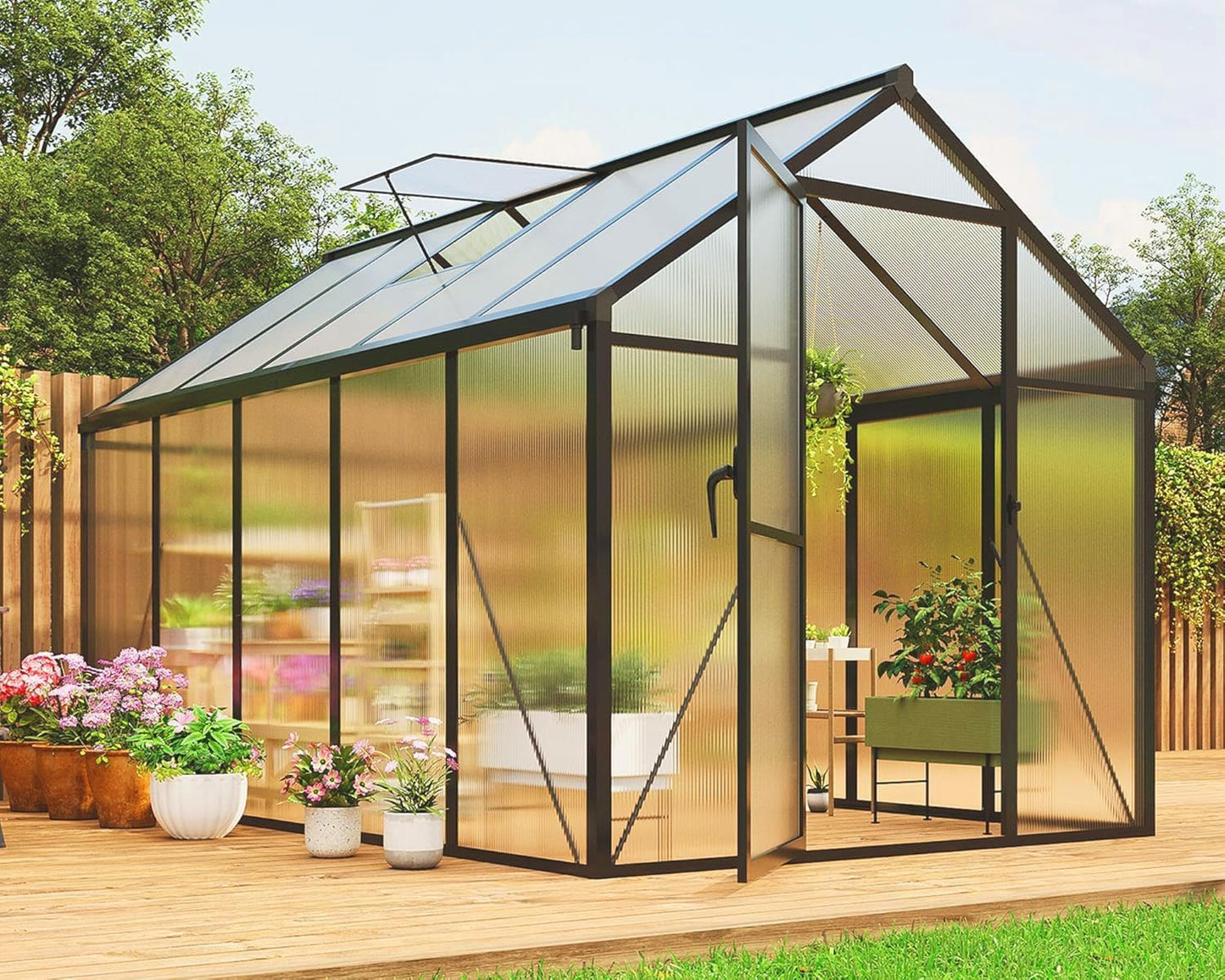6x10 FT Greenhouse for Outdoors, Polycarbonate Greenhouse with Roof Vent, Ground Nails, Lockable Push Door, Aluminum Large Walk-in Green House for Outside Garden Backyard, Patio, Lawn, Black