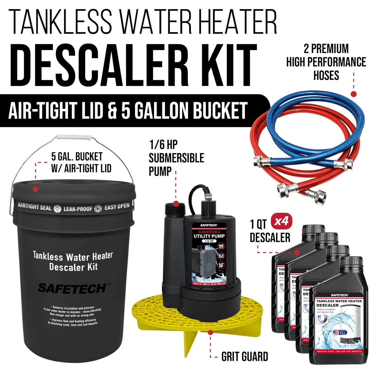 Safetech Tankless Water Heater Flushing Kit with 5-Gallon Screw-Top Lid, Premium Hoses, 1/6 HP Utility Pump, 4 Quarts Descaler, and Pump Grate