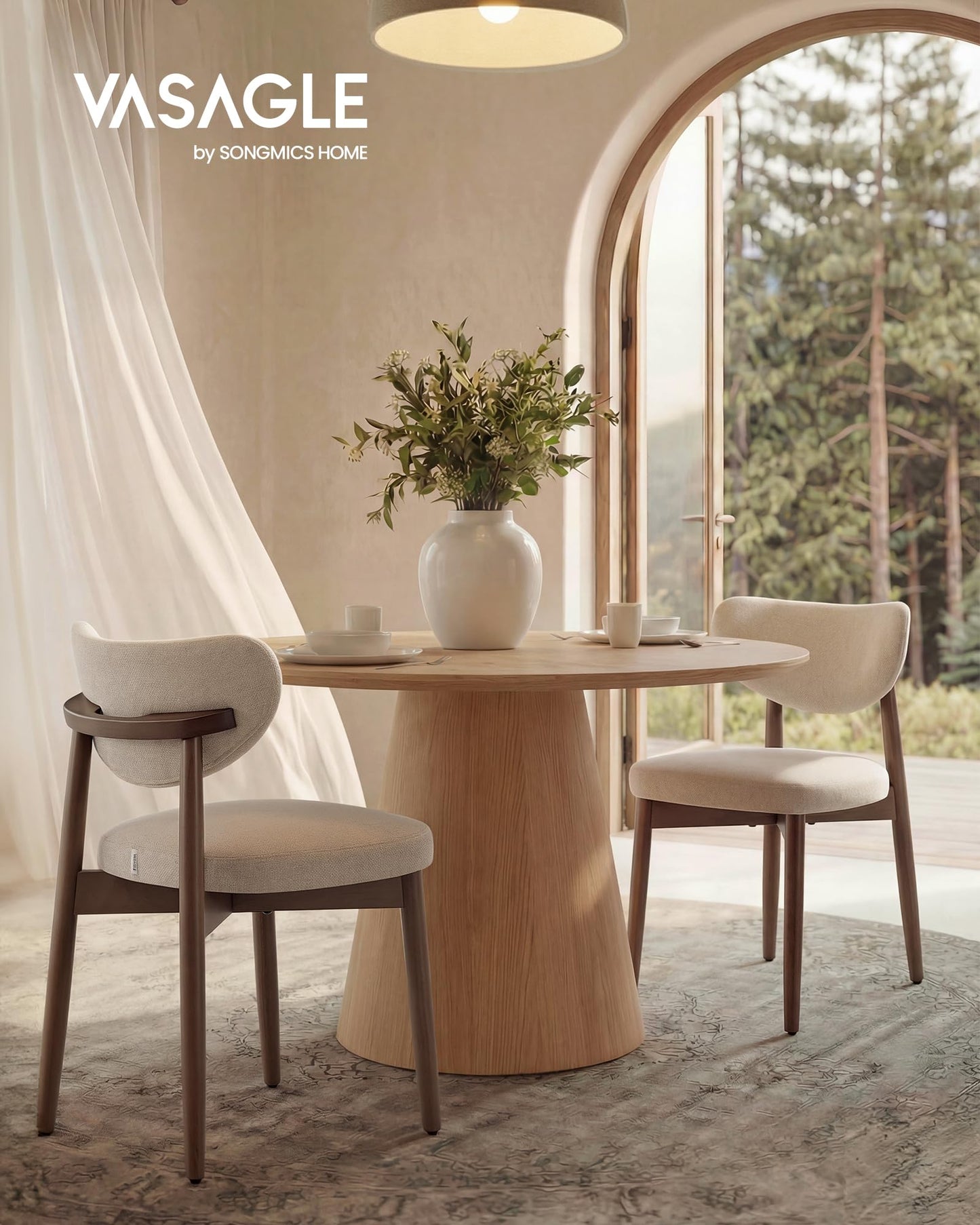 VASAGLE Wooden Dining Chairs Set of 4, Upholstered Kitchen Chairs with Solid Wood Legs, Ergonomic Curved Backrest, Built-in Handle, Mid Century Modern, for Kitchen Dining Vanity, Cappuccino Beige