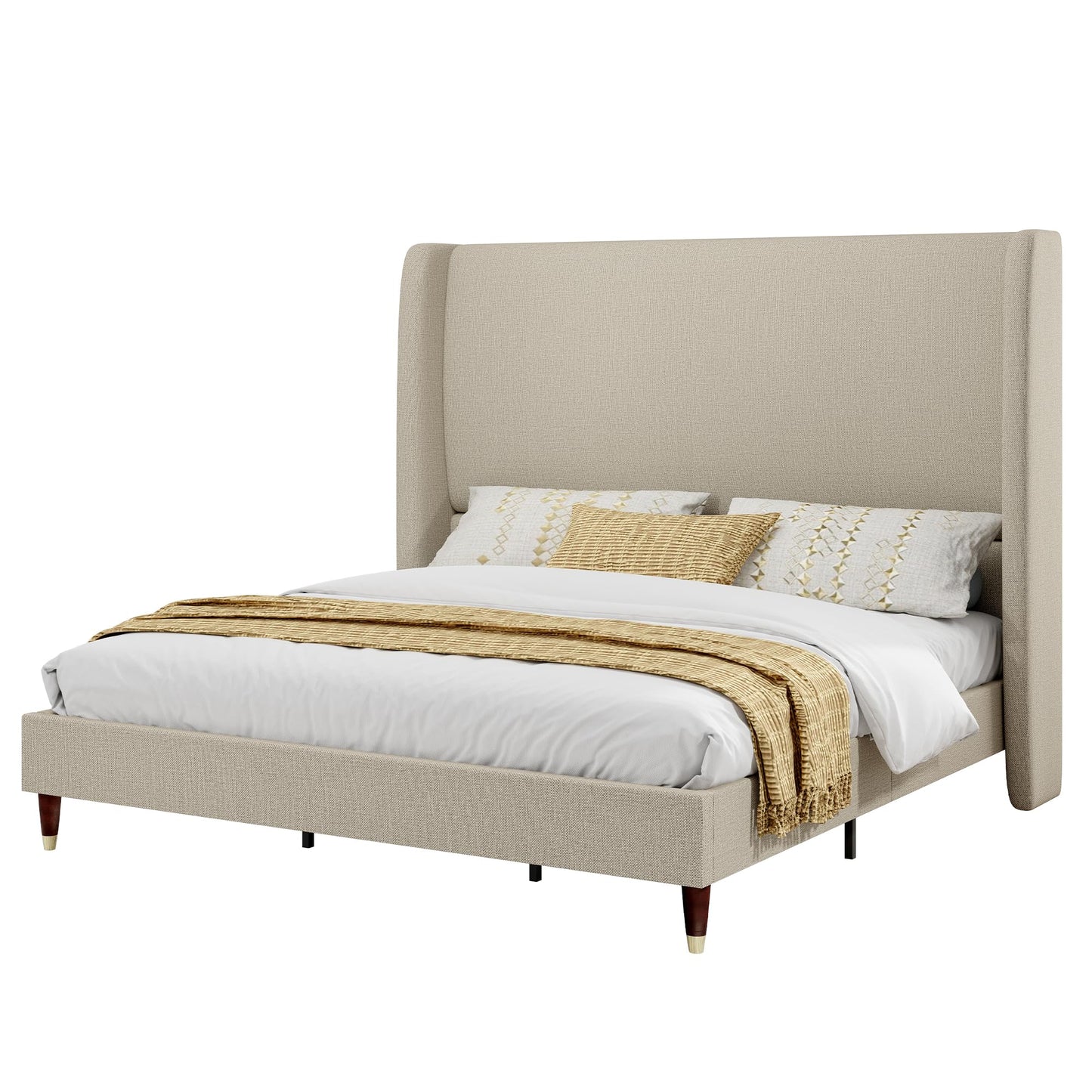 PaPaJet Queen Bed Frame with 51.2" Tall Wingback Headboard,Line Upholstered Platform Bed,Solid Wood Legs,No Box Spring Needed,Noise-Free&Easy Assembly,for Couples, Guest Room, Apartment,Light Khaki