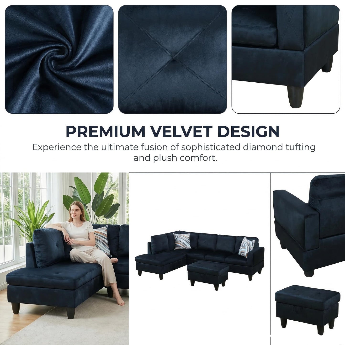 Trygoal 97" Linen 4-Seat L-Shaped Sectional Sofa with Movable Chaise & Storage Ottoman - 3-Piece Modular Convertible Couch for Living Room, Bedroom, Apartment & Office, Midnight Blue